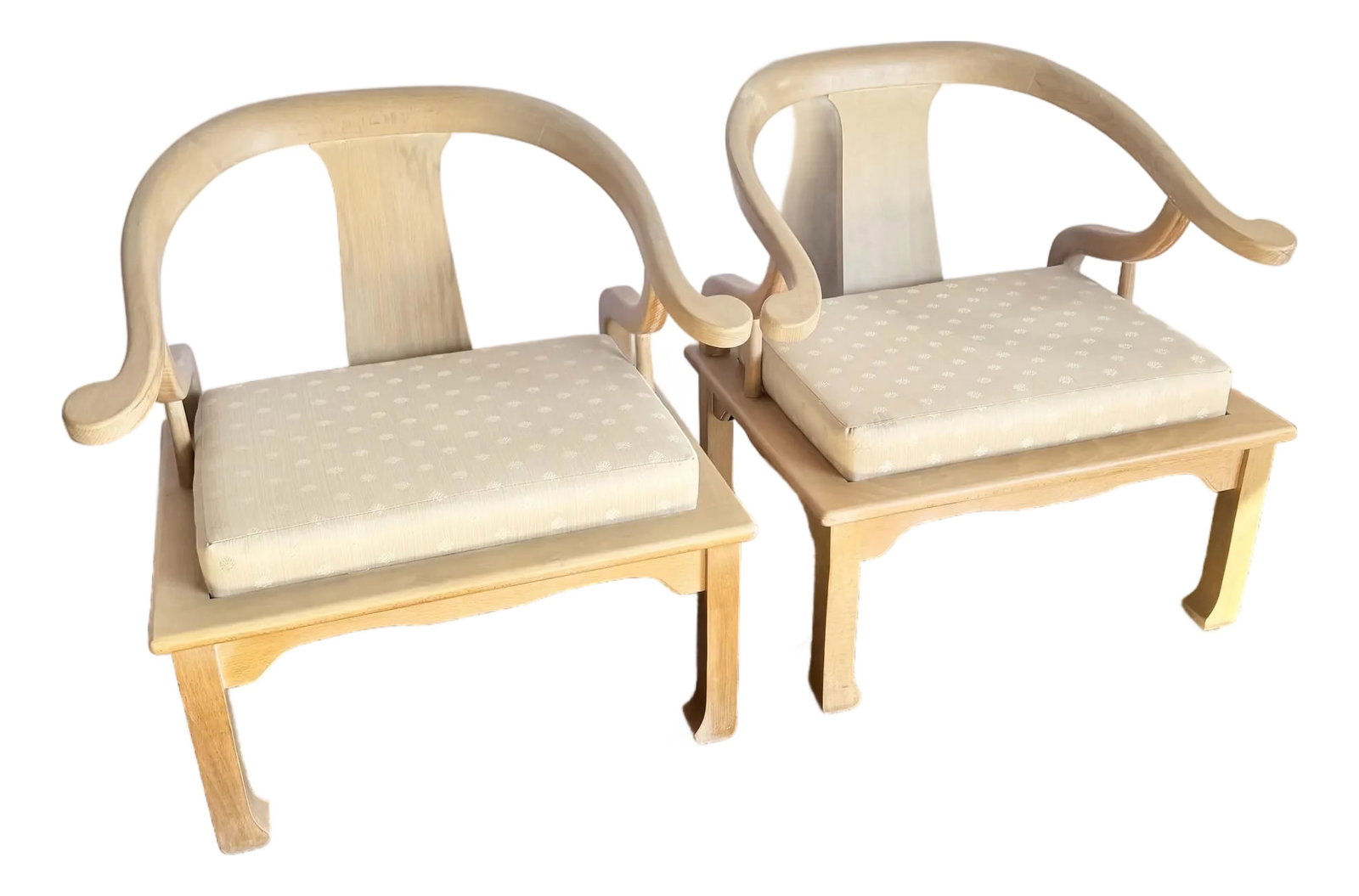 Ming Style Wooden Horseshoe Chairs by Harris Marcus Furniture - A Pair: This elegant pair of Ming-style horseshoe chairs by Harris Marcus Furniture blends classical Chinese design with refined mid-century craftsmanship. Sculpted curved crest rails and gracefully sweeping