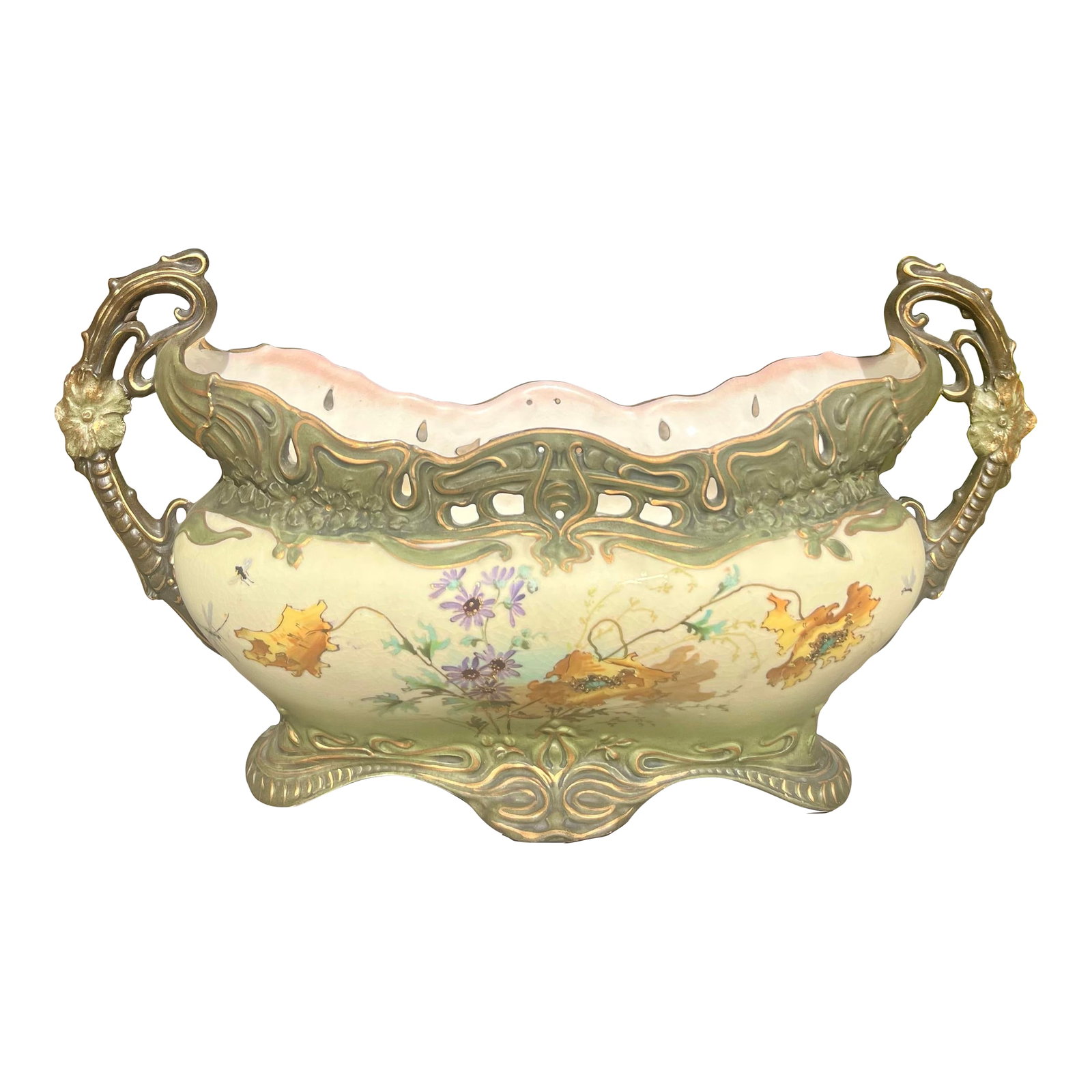 Fine Antique Porcelain Oblong Planter Marked Ernst Wahliss Austria: Hand painted porcelain oblong handled planter with cream and green tones and poppy and insect decor. Marked Ernst Wahliss Austria, Turn Teplitz. Condition: Alterations: Original Condition Unaltered