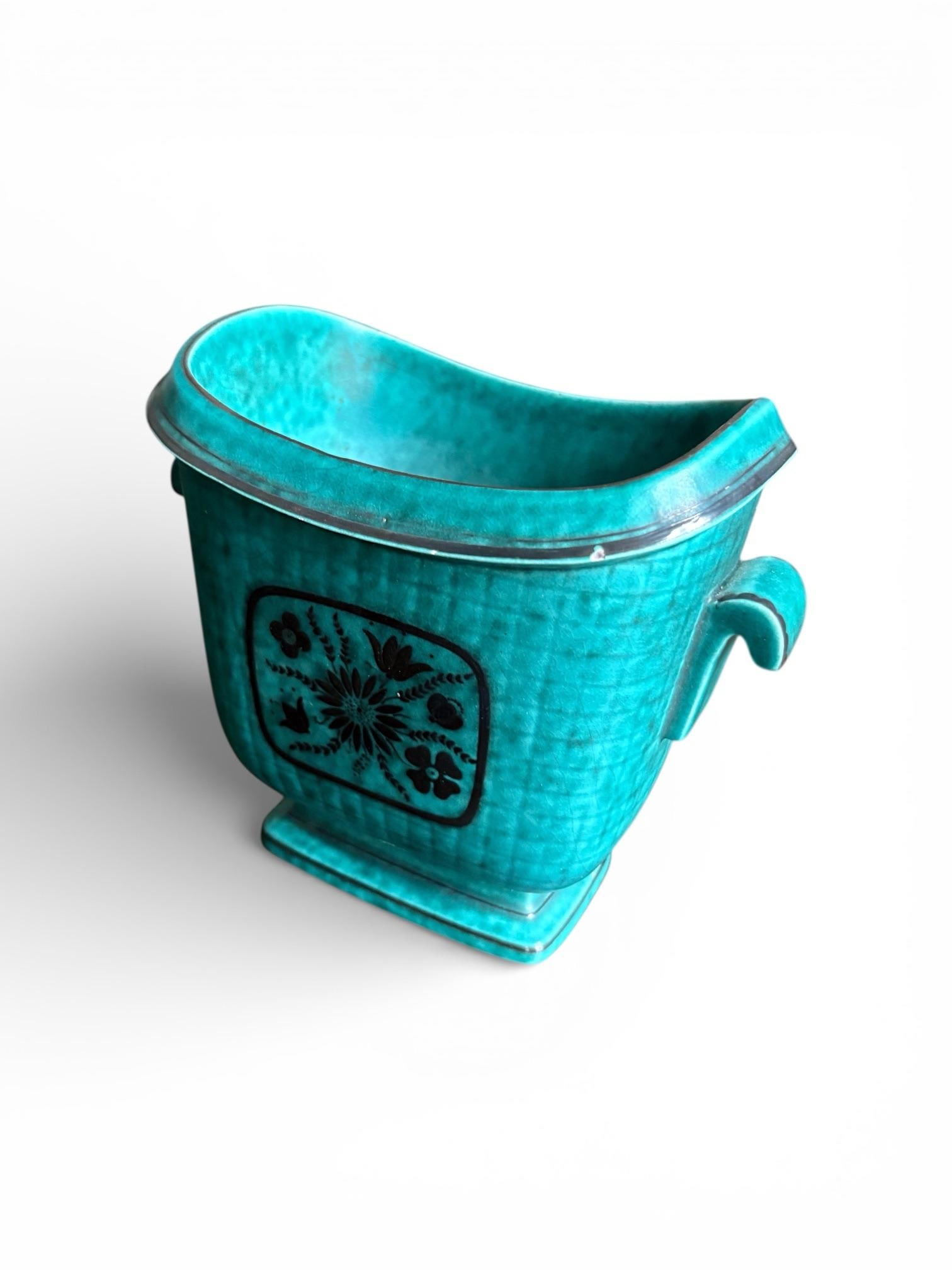 1940s Wilhelm Kåge for Gustavsberg Floral "Argenta" Teal Stoneware Vase, Sweden - 2