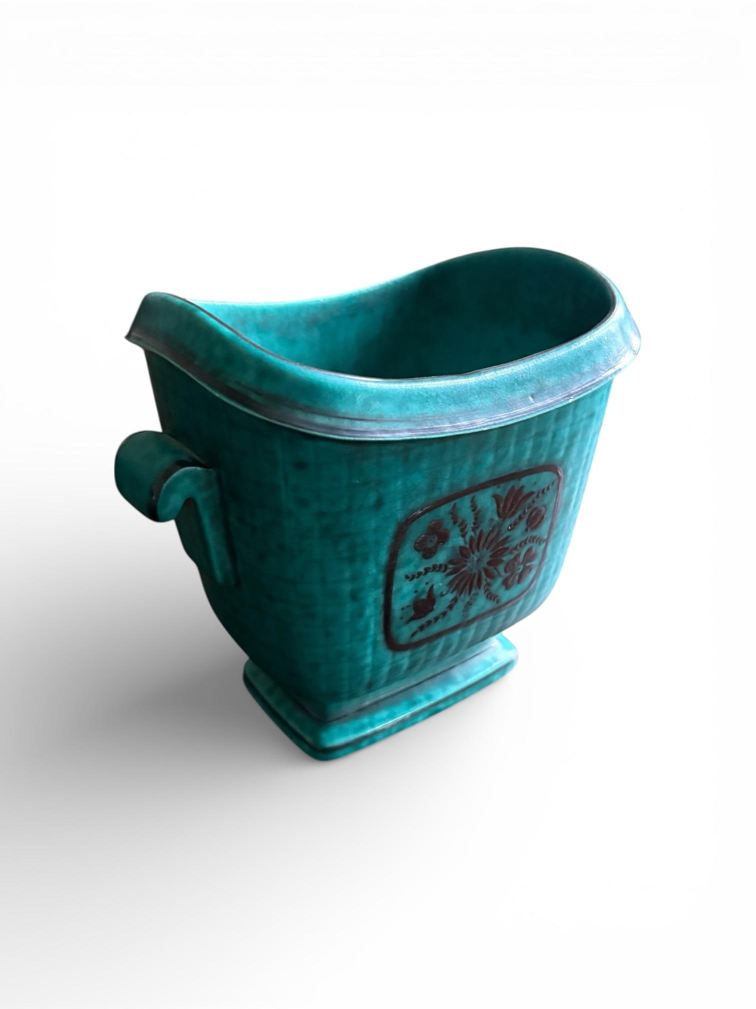 1940s Wilhelm Kåge for Gustavsberg Floral "Argenta" Teal Stoneware Vase, Sweden - 3