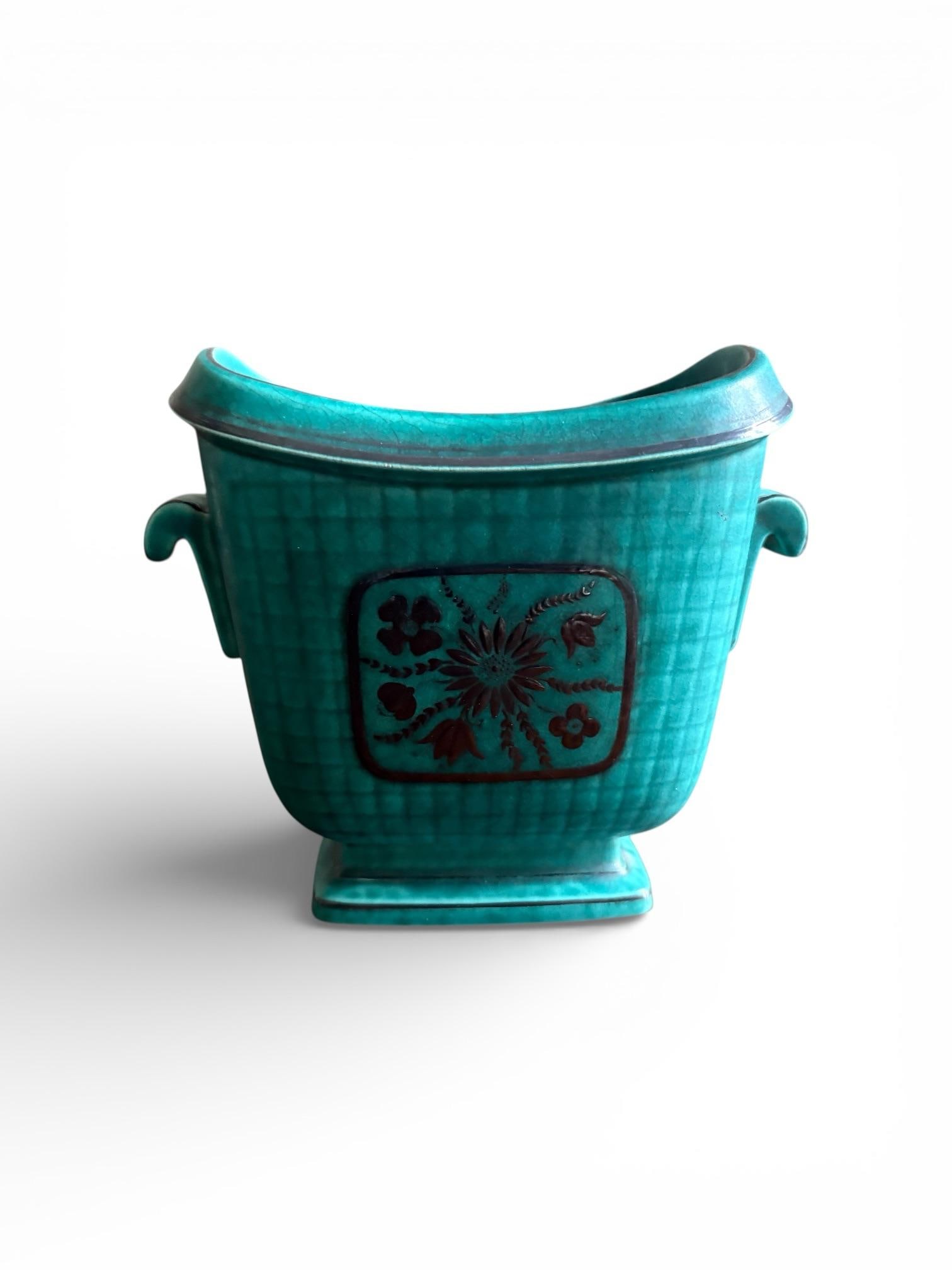 1940s Wilhelm Kåge for Gustavsberg Floral "Argenta" Teal Stoneware Vase, Sweden - 4