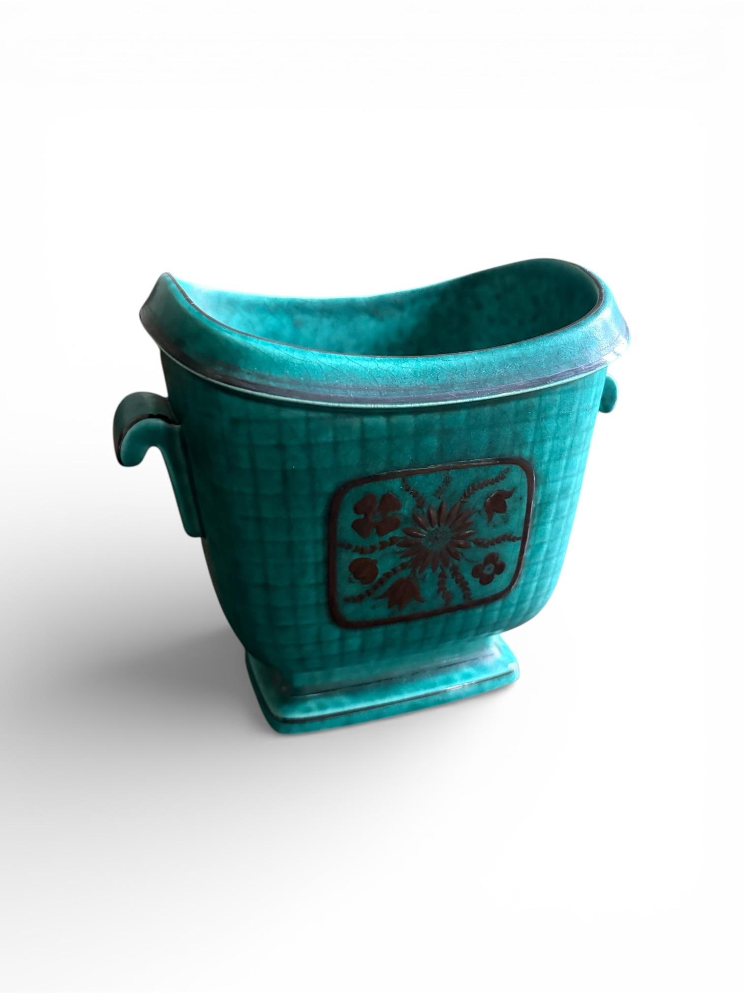 1940s Wilhelm Kåge for Gustavsberg Floral "Argenta" Teal Stoneware Vase, Sweden - 5