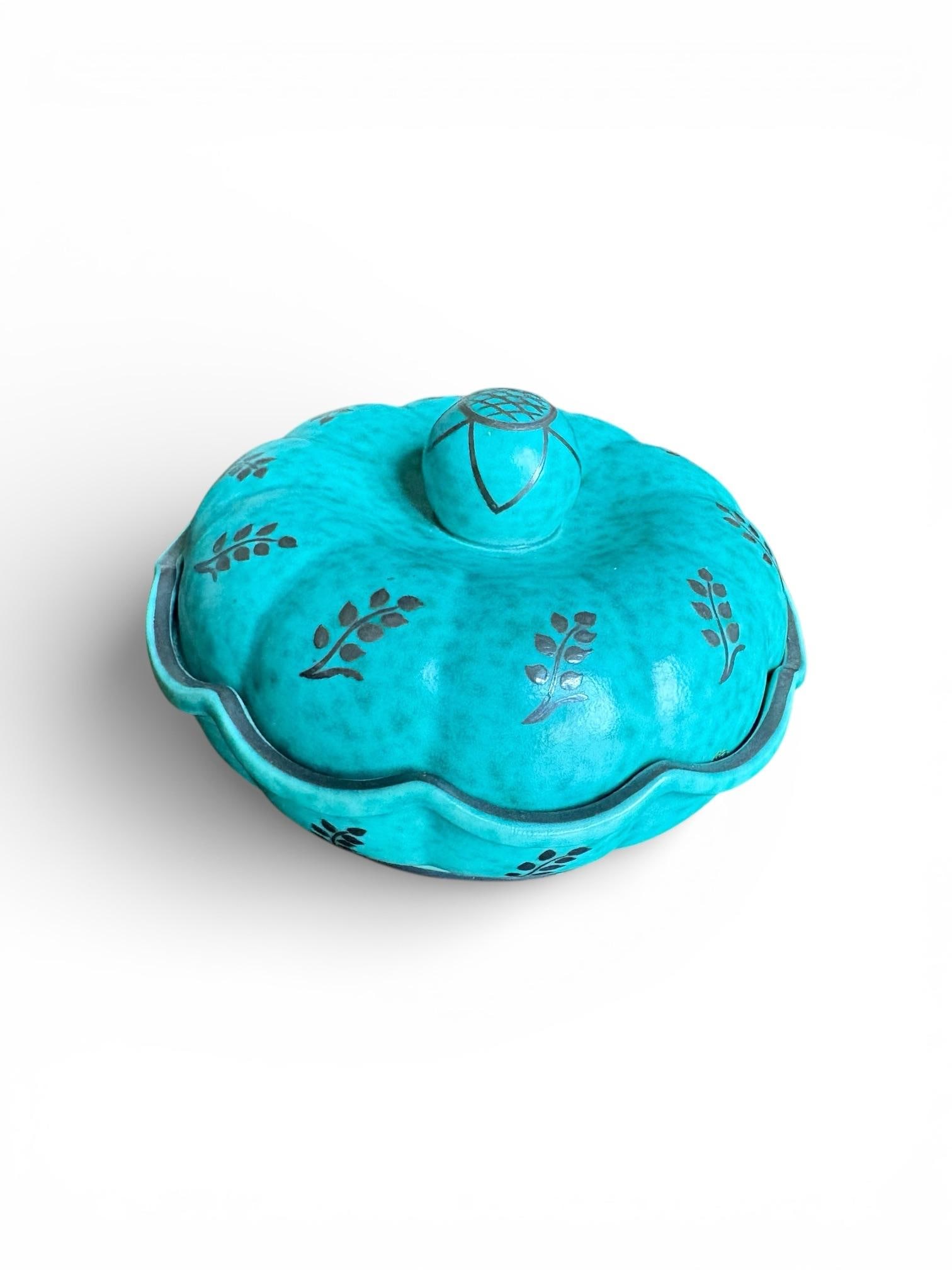 1940s Wilhelm Kåge for Gustavsberg 'Argenta' Round Lattice and Leaves Teal Trinket Box / Sweden - 2