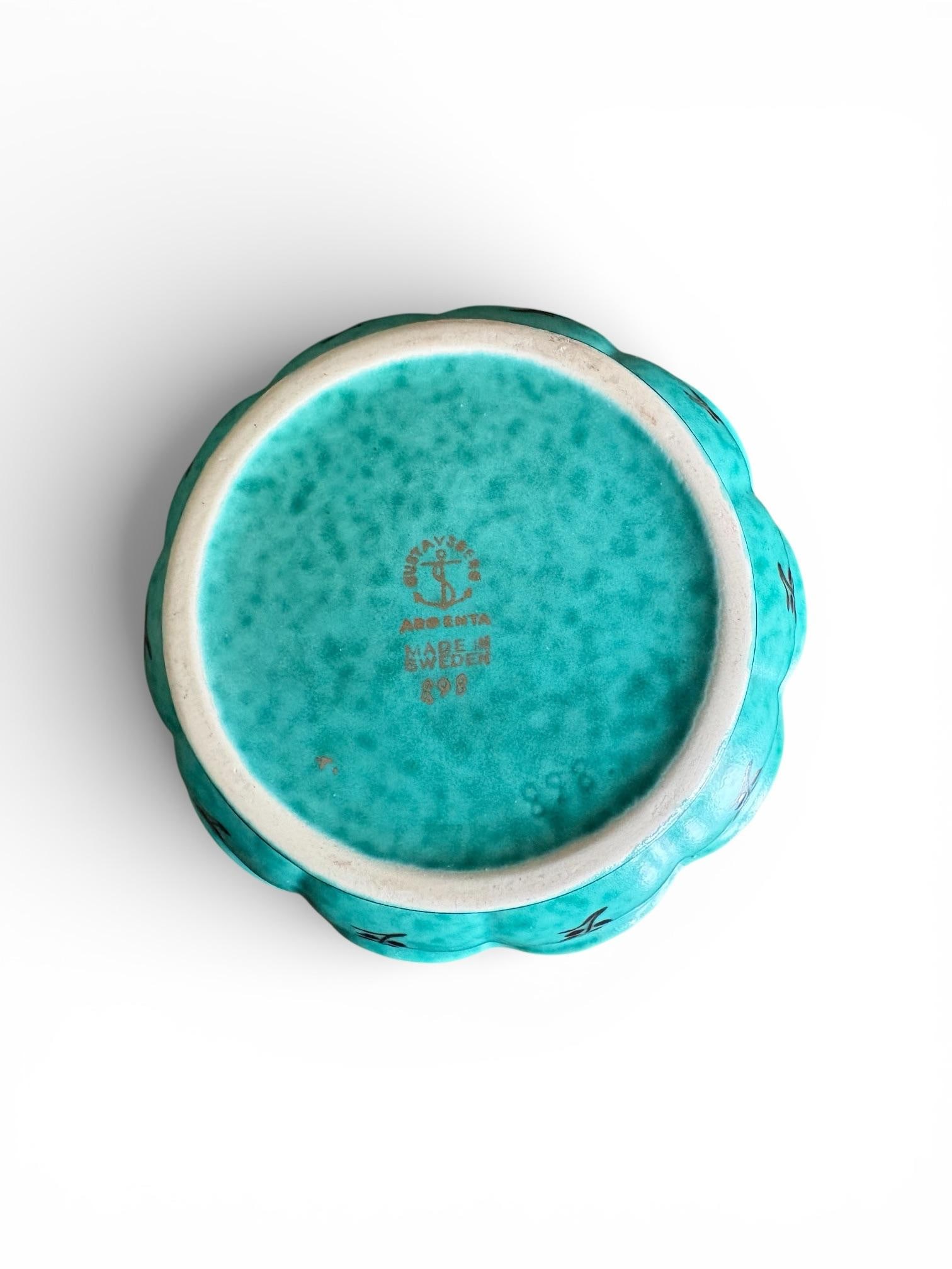 1940s Wilhelm Kåge for Gustavsberg 'Argenta' Round Lattice and Leaves Teal Trinket Box / Sweden - 6
