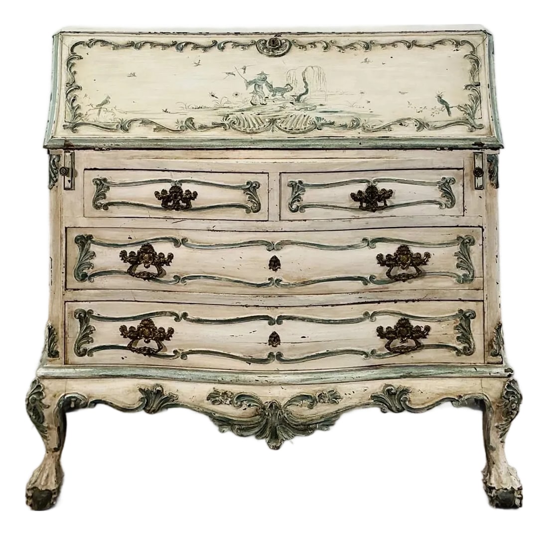 1940s French Louis XV–Style Hand-Painted Secretary Desk by Desbordes, Paris "”: An exceptional French Louis XV–style secrétaire Ã abattant, richly hand-painted and decorated, bearing its original Desbordes, Paris maker's label with documented provenance to