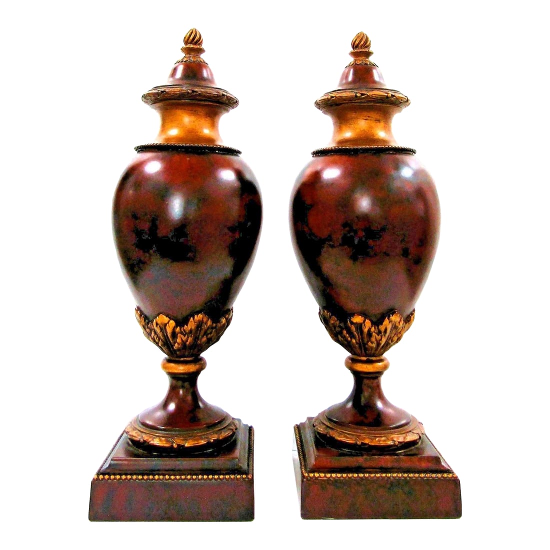 1980s Pair of Napoleon III Style Moroccan Burr Thoya Turned Wood Urns Attributed to Theodore Alexand: This product is a pair of medium-sized Moroccan Burr Theya turned wood urns in a brown color. They are decorated in the Napoleon III style and are original pieces made in the United States. These