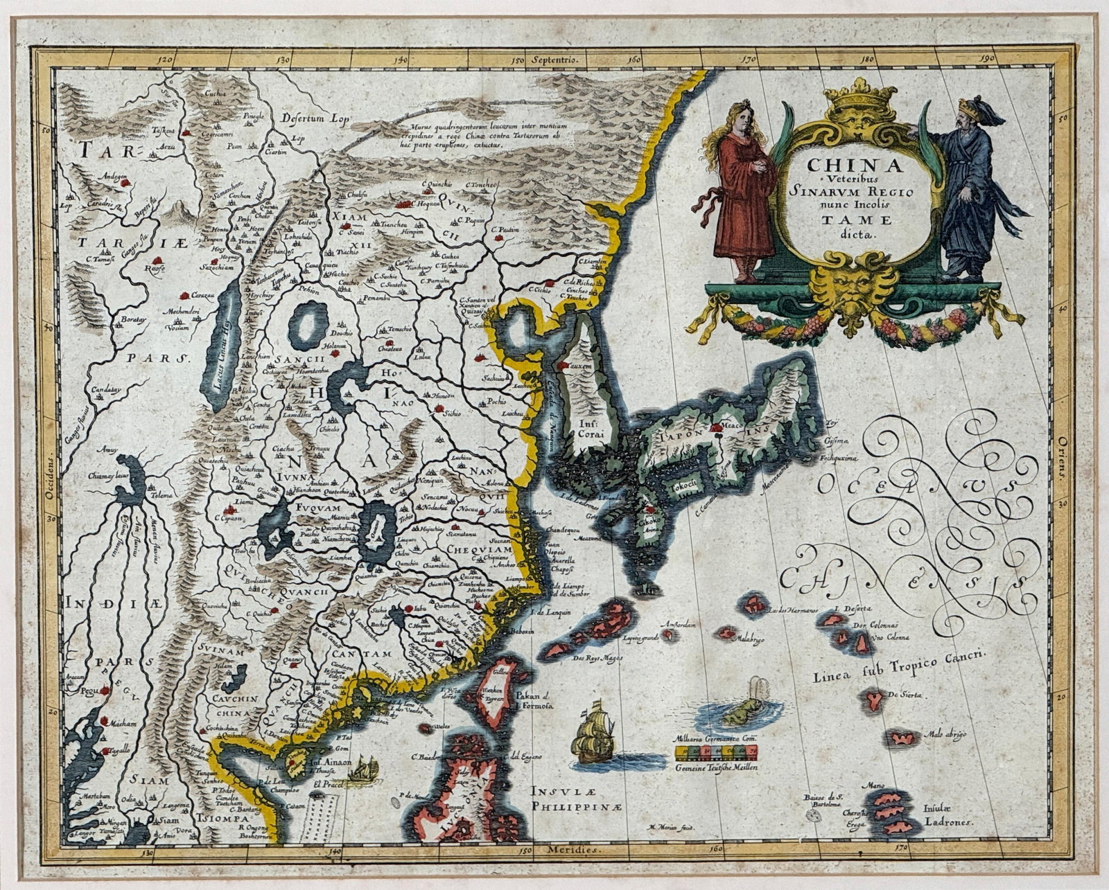 c.1650's Antique Hand Colored Map of China - Framed - 2