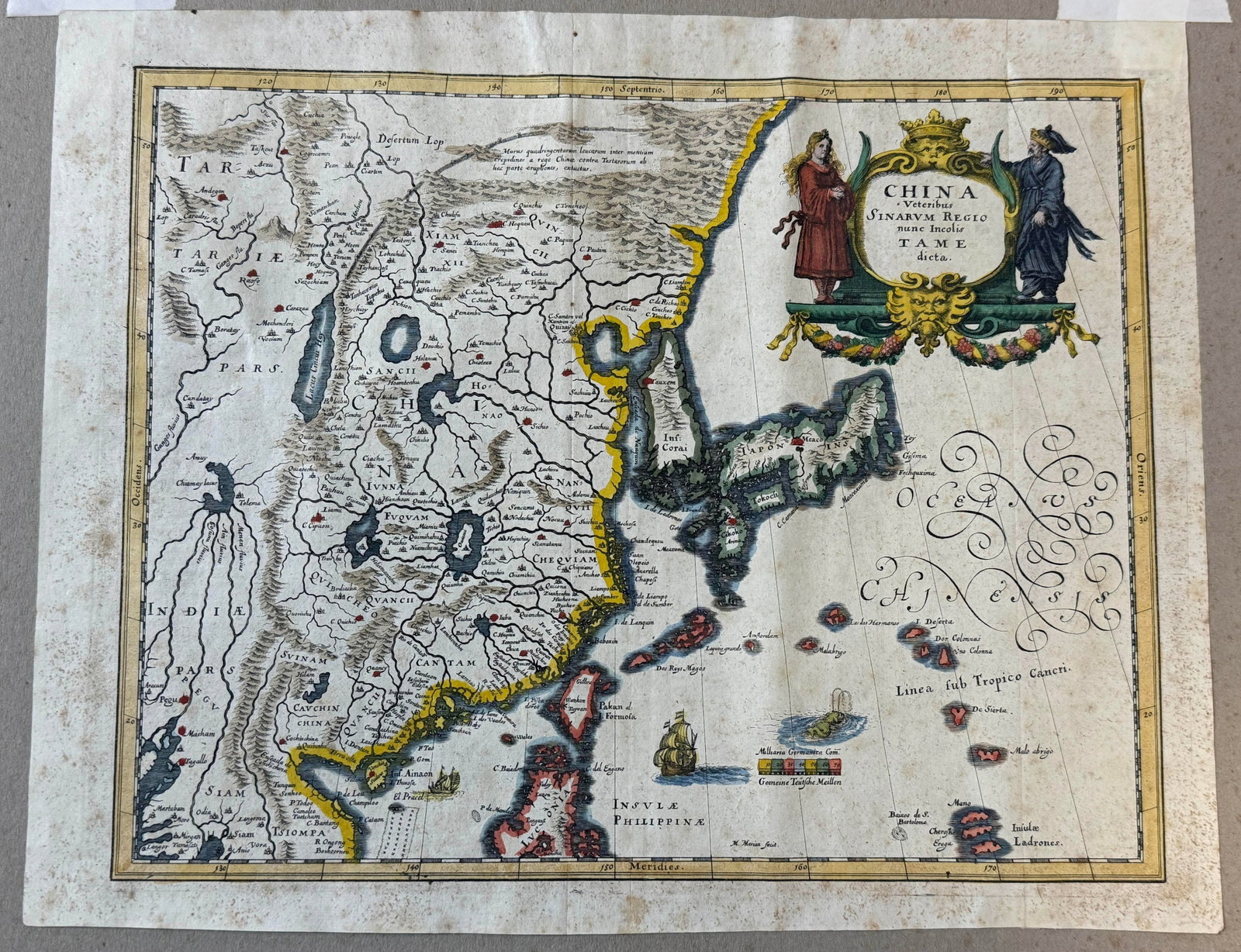 c.1650's Antique Hand Colored Map of China - Framed - 8