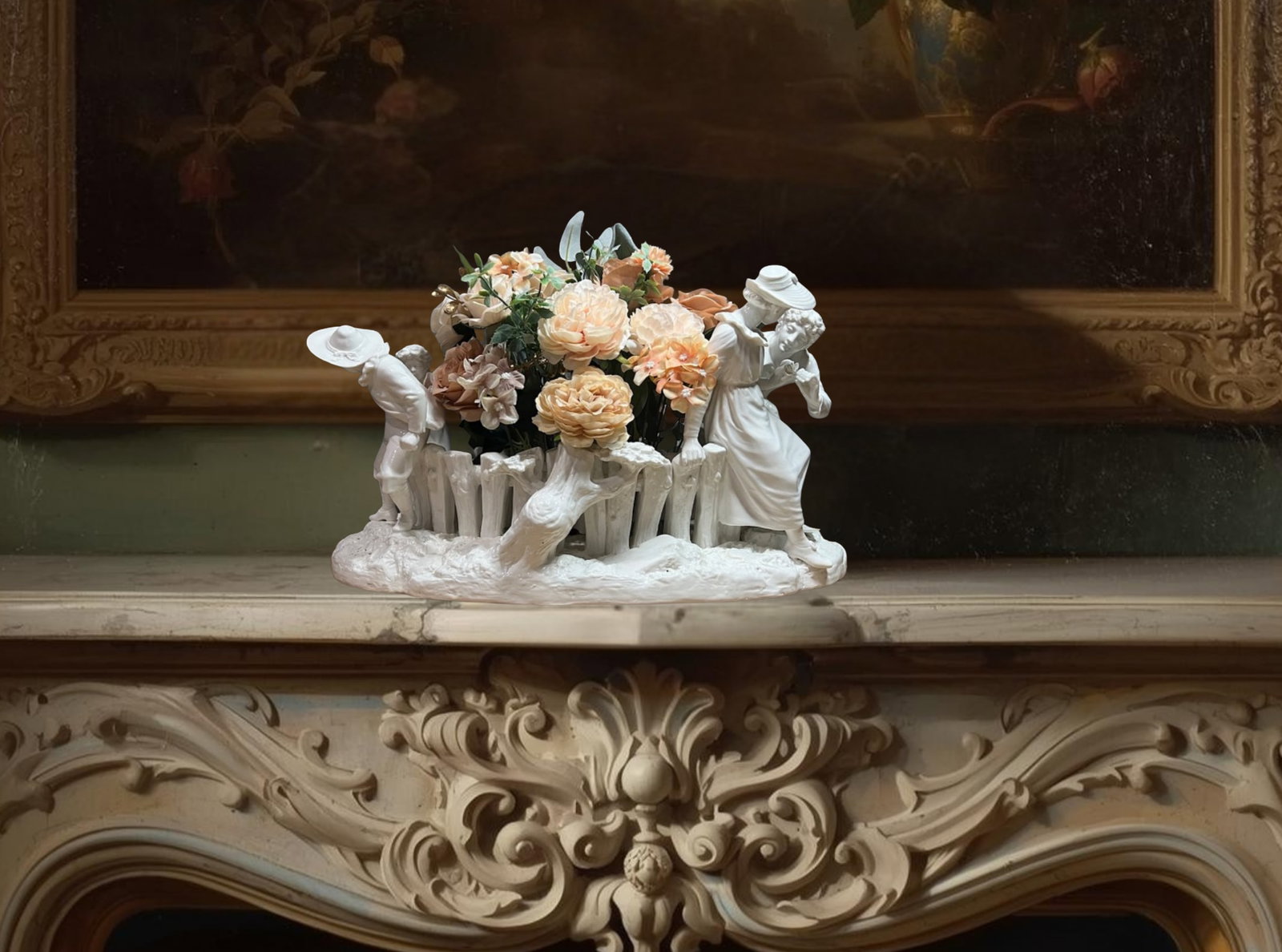 Antique White Porcelain Picket Fence Centerpiece With Courting Couple and Children Royal Worcester 1 - 6