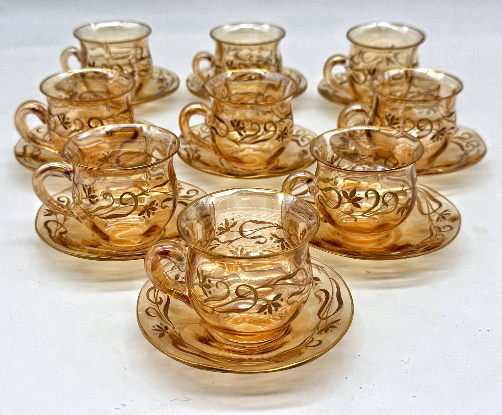 9 Art Nouveau Citrine Gilt Enamel Crystal Demitasse Cups & Saucers, Atrib. Moser - 11