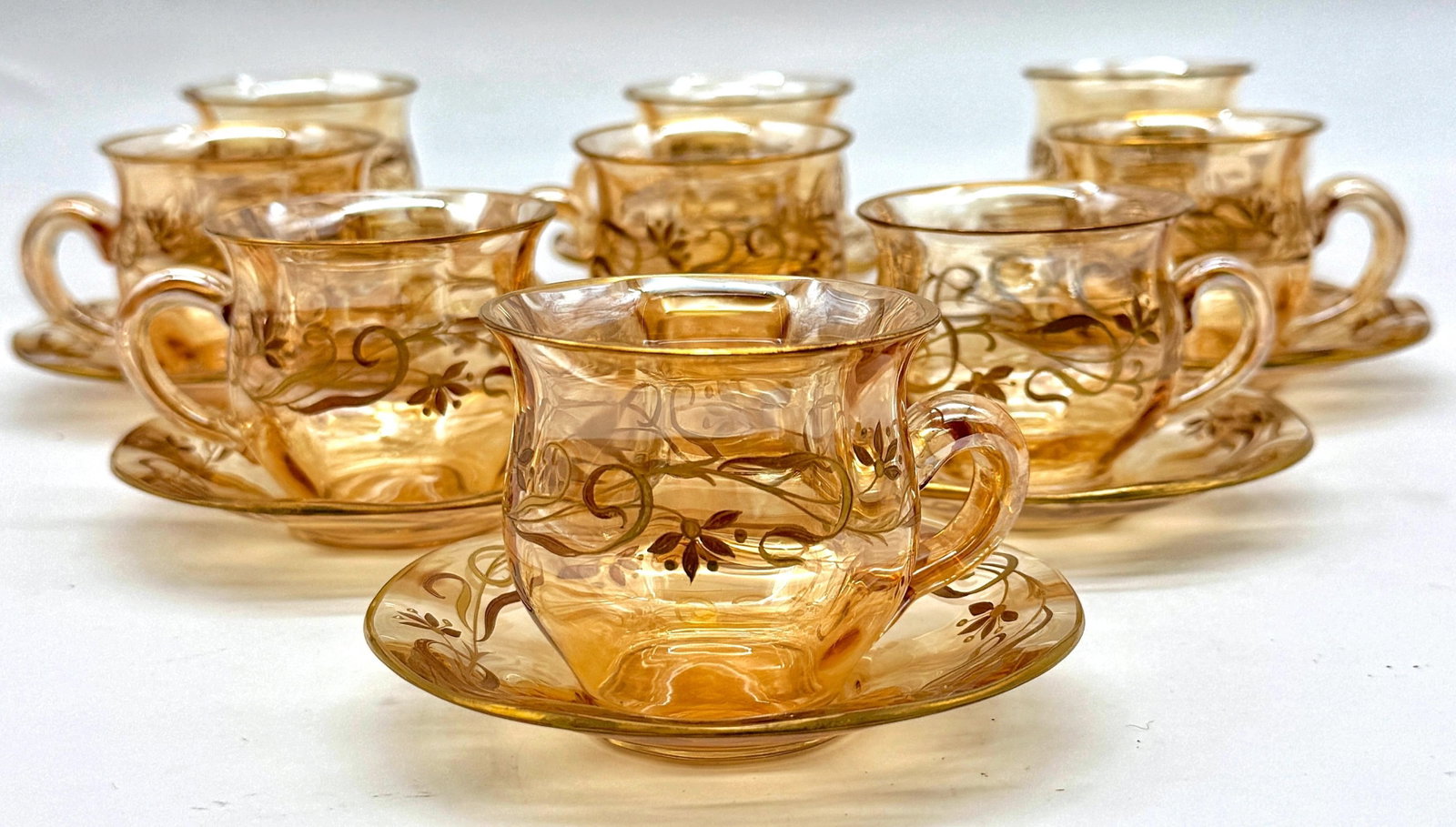 9 Art Nouveau Citrine Gilt Enamel Crystal Demitasse Cups & Saucers, Atrib. Moser - 16