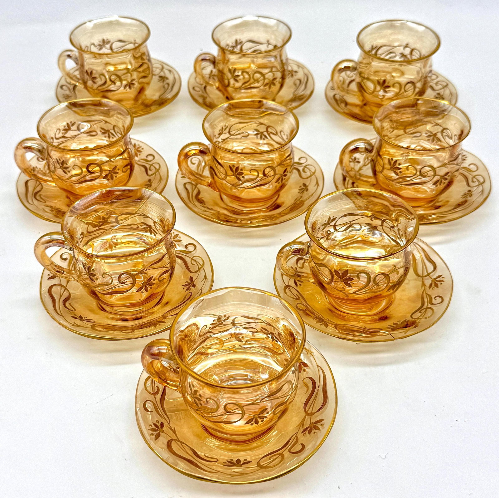 9 Art Nouveau Citrine Gilt Enamel Crystal Demitasse Cups & Saucers, Atrib. Moser - 2