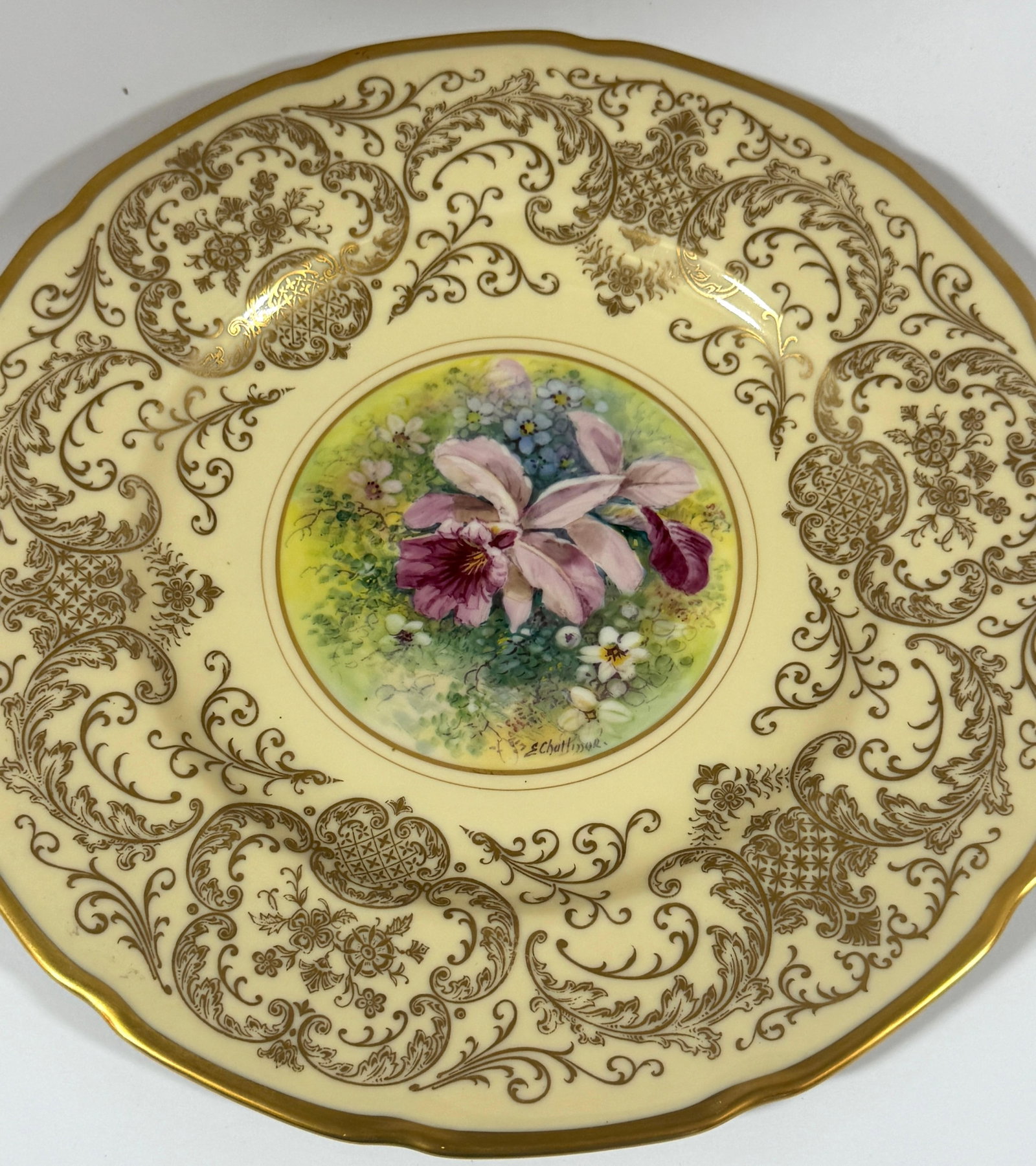 8 Orchid Conservatory Service Plates Painted and Signed E. Challinor for Pickard - 10