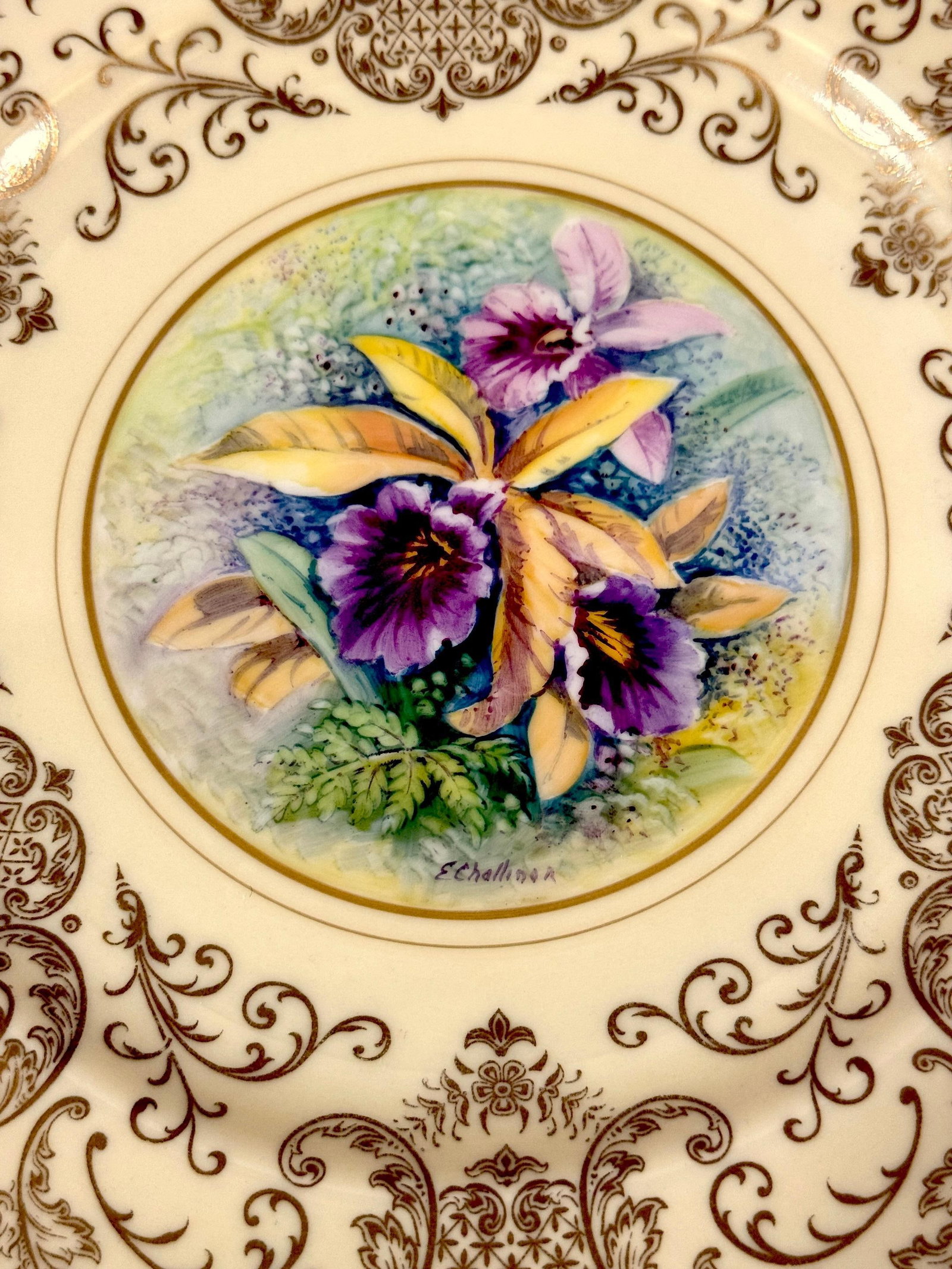 8 Orchid Conservatory Service Plates Painted and Signed E. Challinor for Pickard - 12