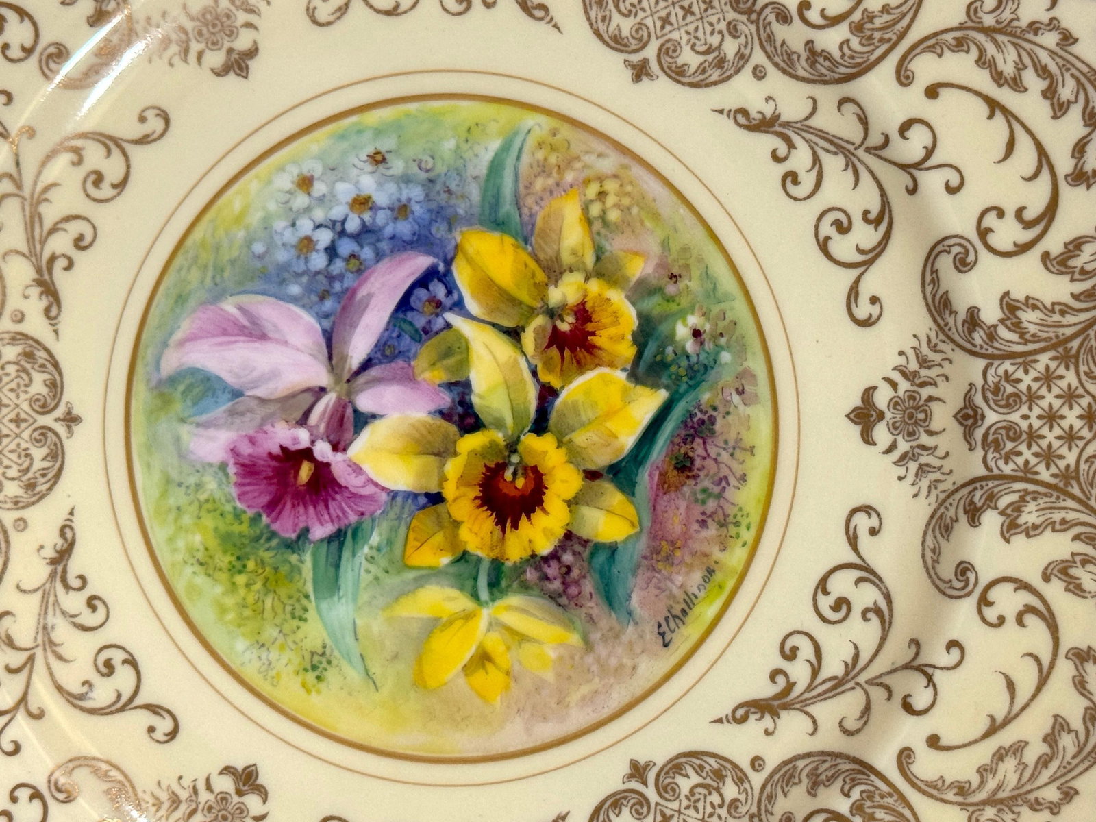 8 Orchid Conservatory Service Plates Painted and Signed E. Challinor for Pickard - 16