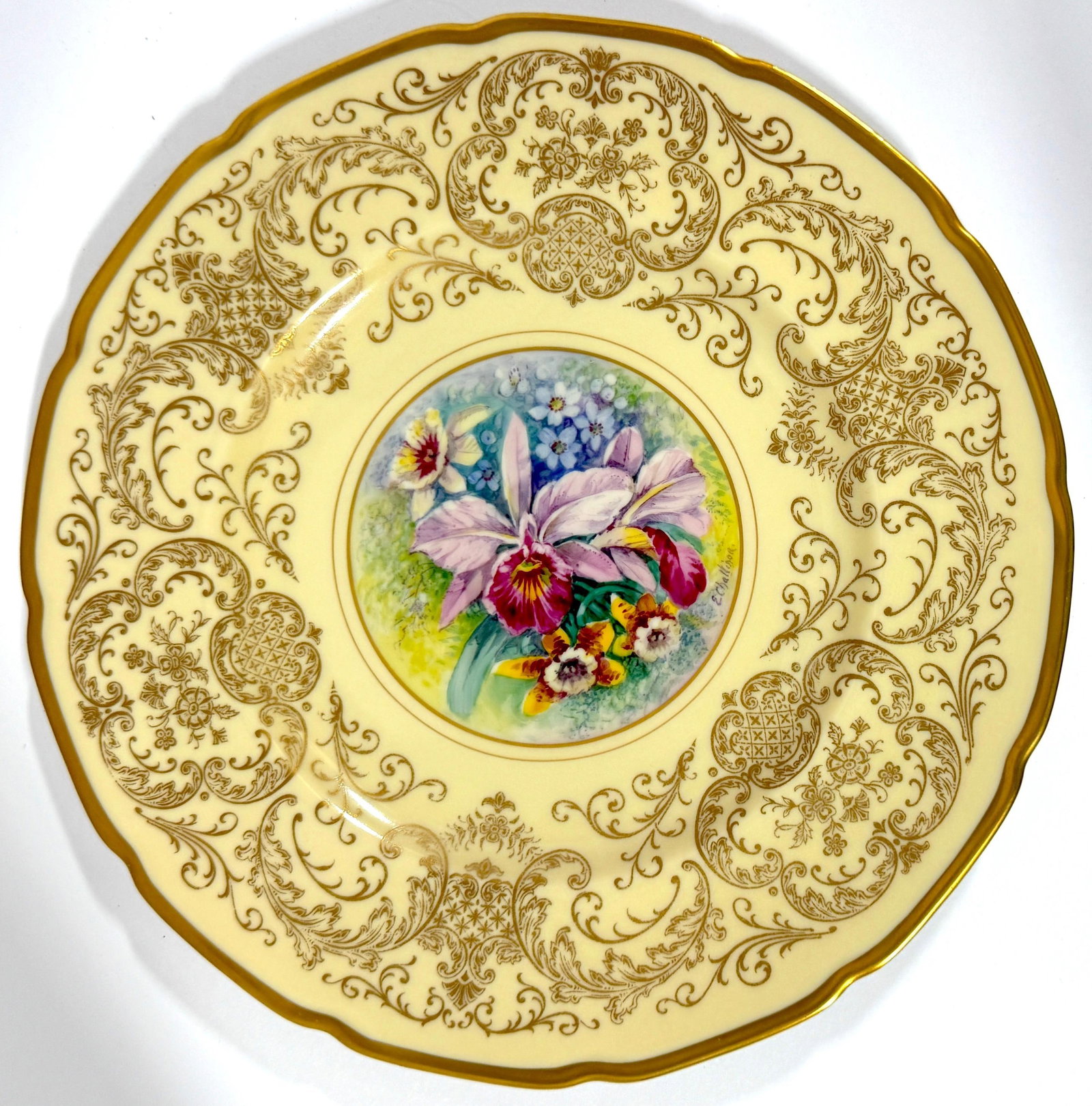 8 Orchid Conservatory Service Plates Painted and Signed E. Challinor for Pickard - 17