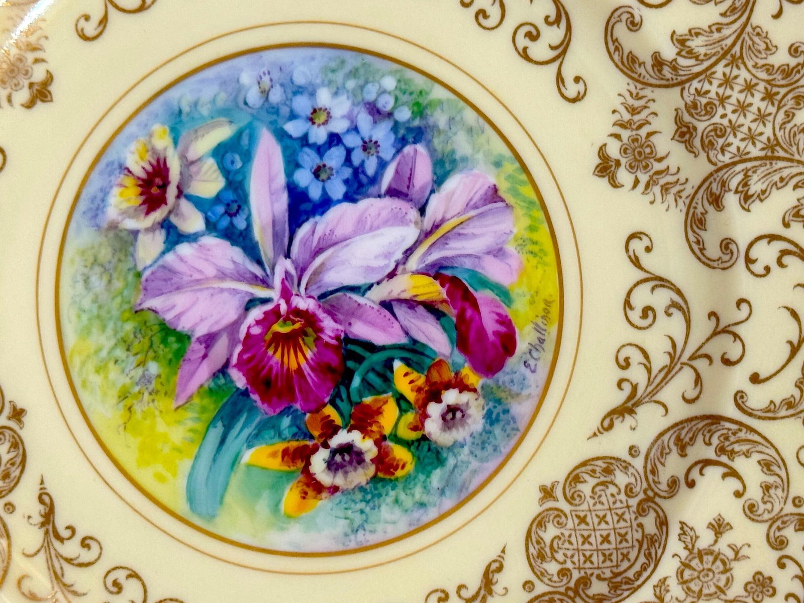 8 Orchid Conservatory Service Plates Painted and Signed E. Challinor for Pickard - 18