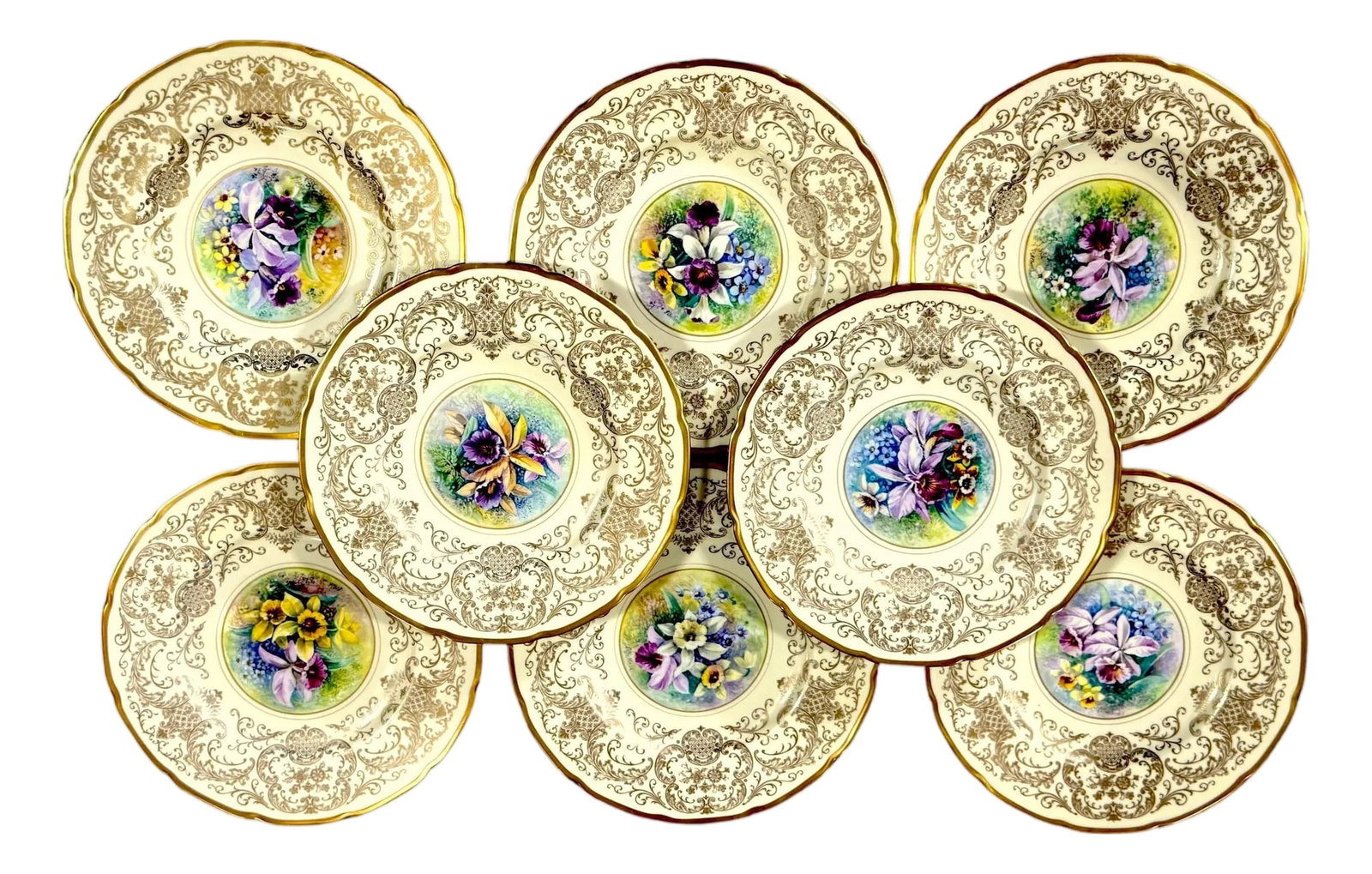 8 Orchid Conservatory Service Plates Painted and Signed E. Challinor for Pickard: 8 Orchid Conservatory Service Plates Painted and Signed E. Challinor for Pickard Set of eight hand-painted orchid service plates, each painted and signed by Pickard studio artist E. Challinor, ca.