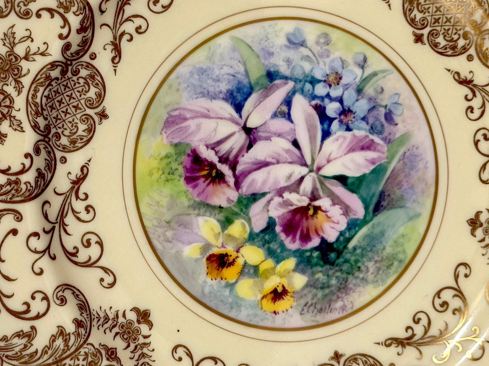 8 Orchid Conservatory Service Plates Painted and Signed E. Challinor for Pickard - 6