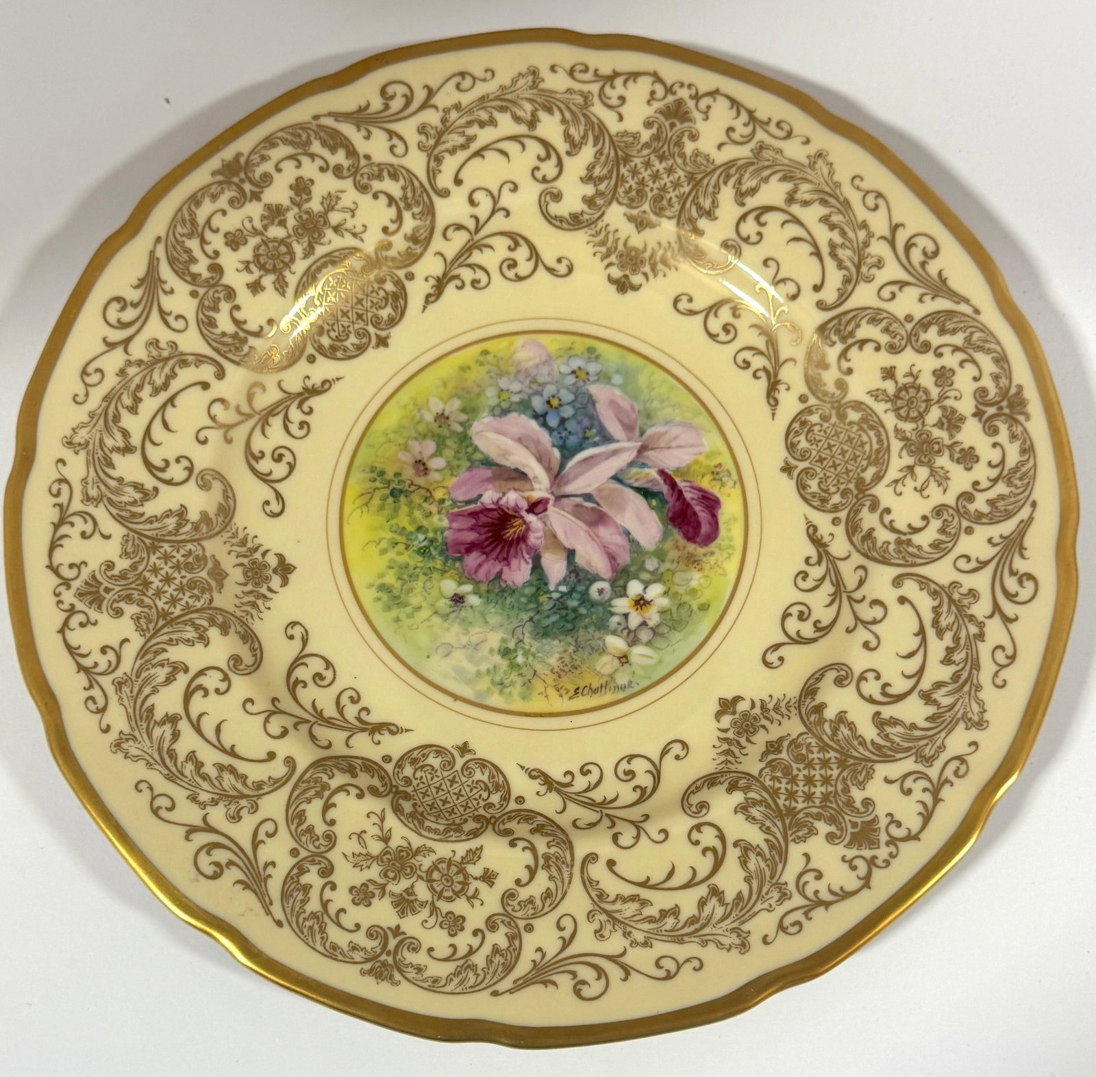 8 Orchid Conservatory Service Plates Painted and Signed E. Challinor for Pickard - 9