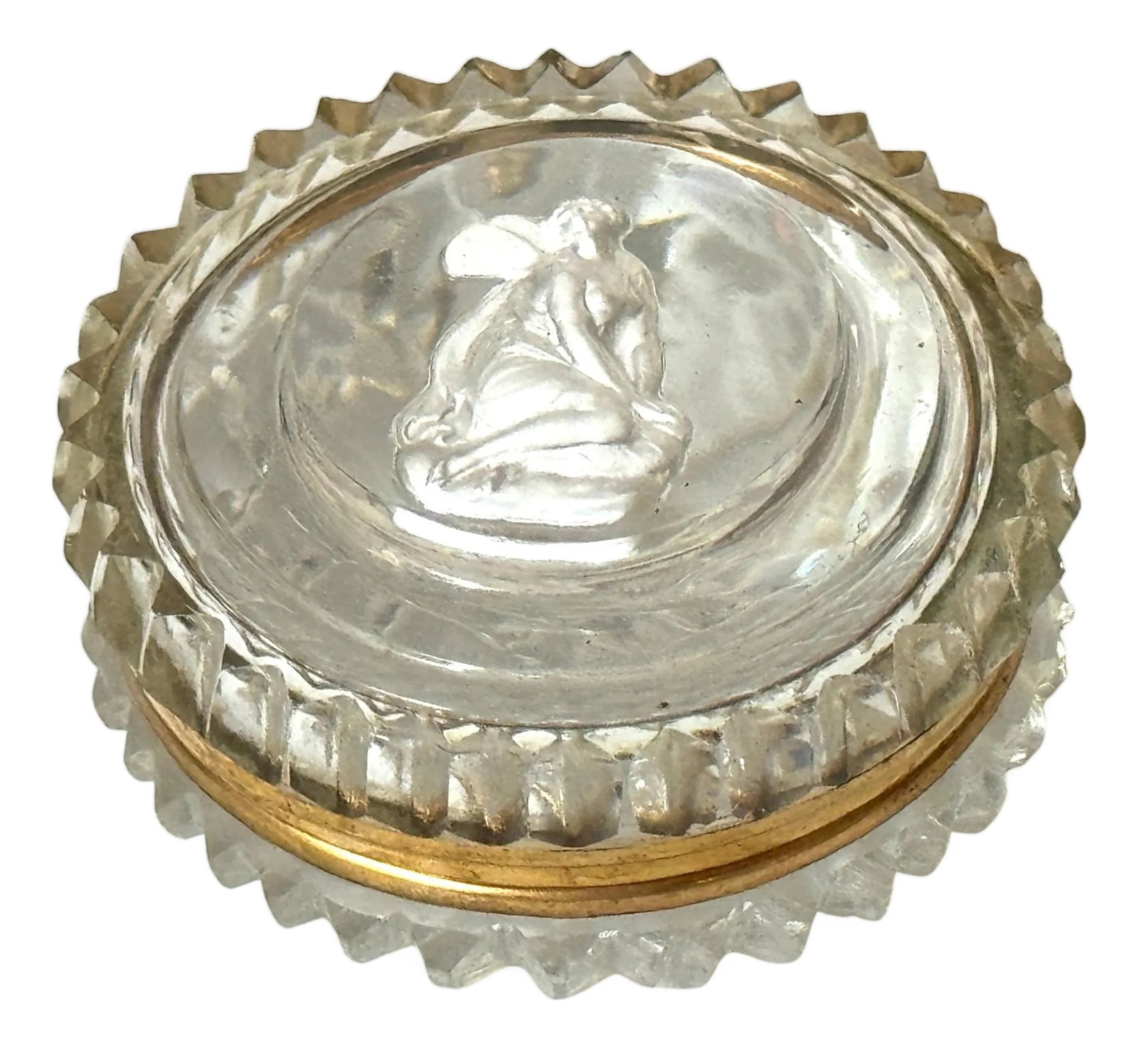 French Baccarat Crystal Patch Box with Sulfide Cameo of Psyche, 1840-1860: French Baccarat Crystal Patch Box with Sulfide Cameo of Psyche France, circa 1840–1860 Dimensions: 1.75" diameter × 0.75" high A rare mid-19th-century French crystal patch or trinket box,