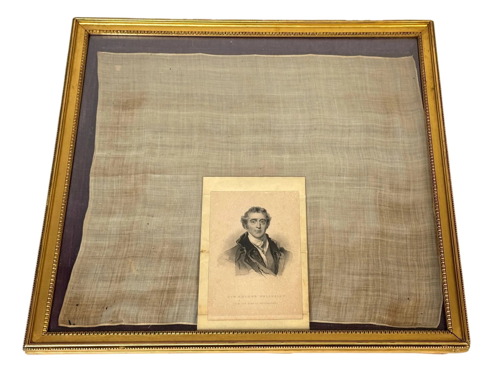 Sir Arthur Wellesley, 1st Duke of Wellington's Silk Handkerchief, Framed: Sir Arthur Wellesley, 1st Duke of Wellington's Silk Handkerchief, Framed with Portrait Engraving and Provenance Letter, circa 1820–1850, in Giltwood Frame with Glass Sir Arthur Wellesley, 1st