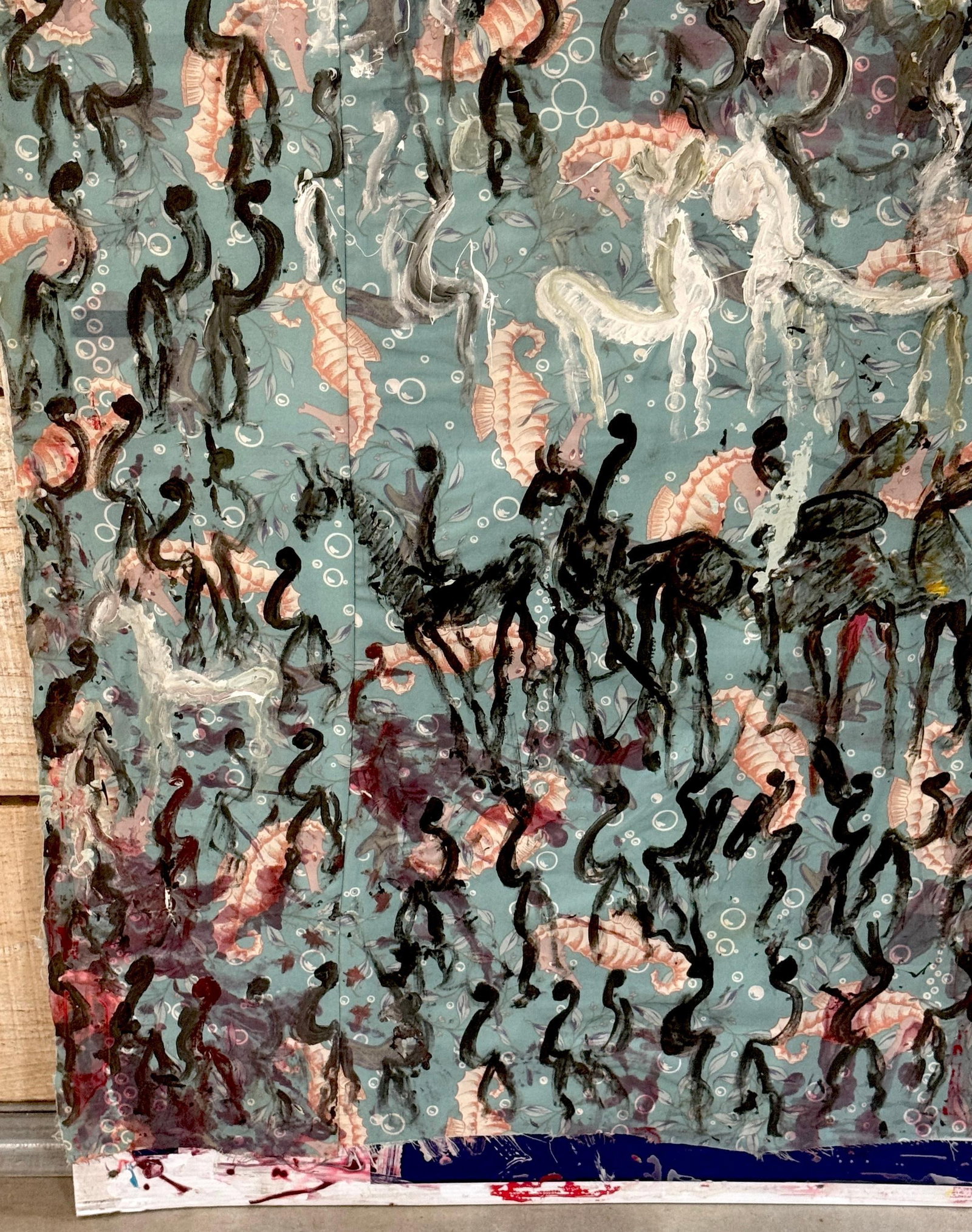 Purvis Young Mixed Media on Poster Board with Seahorse Fabric & Painted Warriors - 12