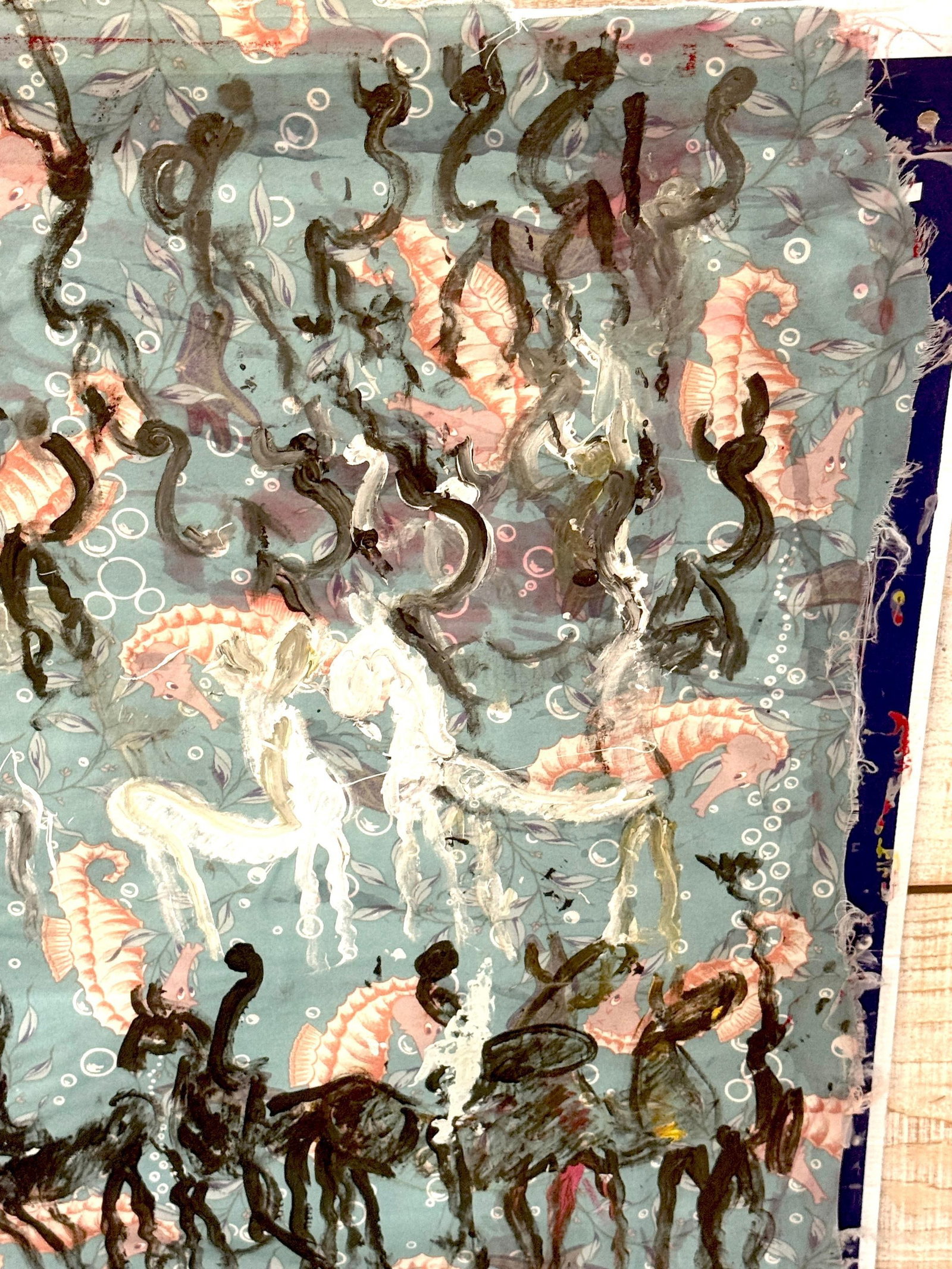 Purvis Young Mixed Media on Poster Board with Seahorse Fabric & Painted Warriors - 14
