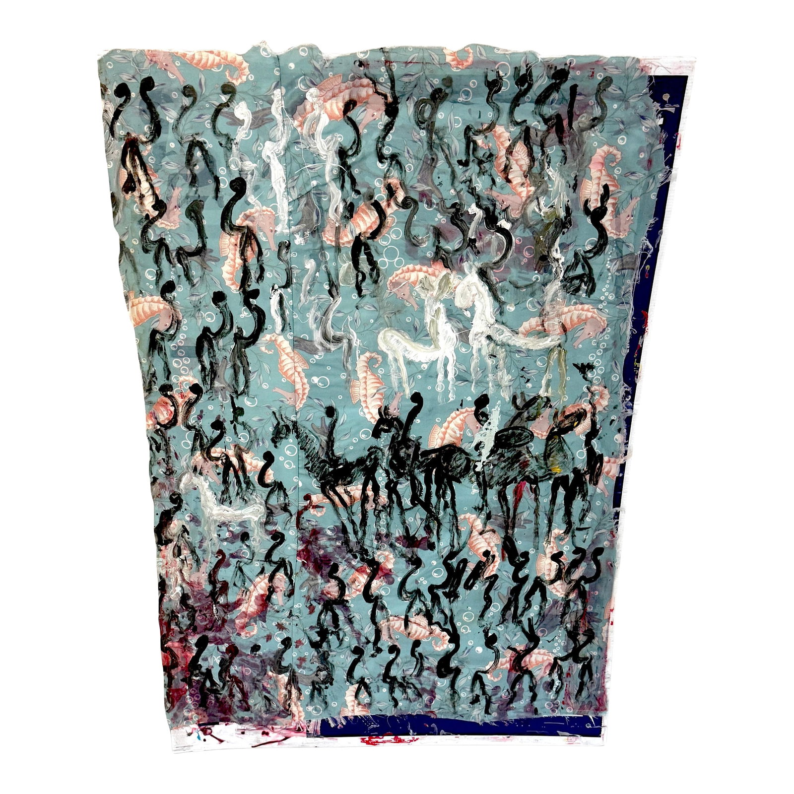 Purvis Young Mixed Media on Poster Board with Seahorse Fabric & Painted Warriors: Purvis Young Mixed Media on Poster Board with Seahorse Fabric and Painted Warriors, circa 1980s–1990s Dimensions: 48" H x 32" W Provenance: From a South Florida estate with direct ties to the ar