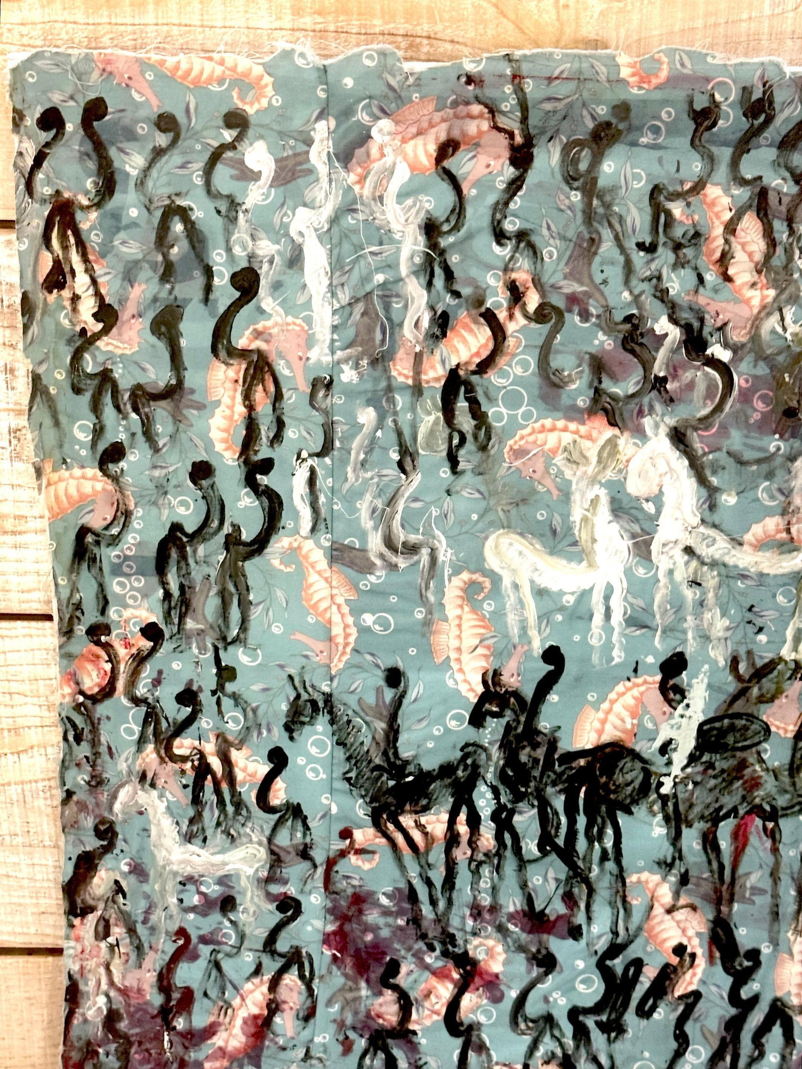 Purvis Young Mixed Media on Poster Board with Seahorse Fabric & Painted Warriors - 7