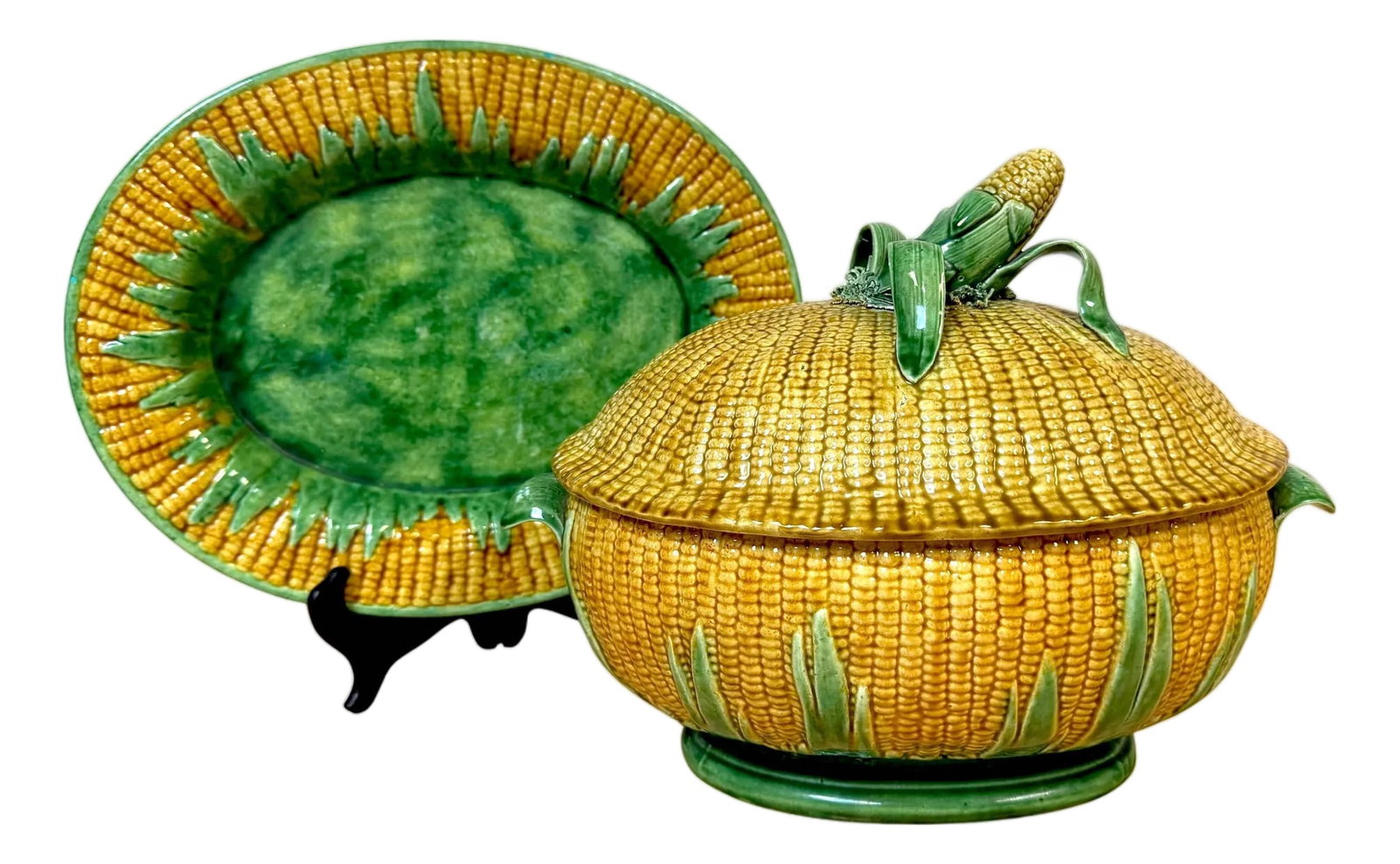 Portuguese Majolica Corn Motif Tureen & Platter, by José A. Cunha: Portuguese Majolica Corn Motif Tureen with Matching Platter José A. Cunha, Caldas da Rainha, Mid-20th Century A charming and highly sculptural Portuguese majolica corn-form tureen and matching