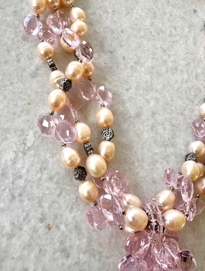 1980s Freshwater Pearl and Pink Crystal Beaded Necklace With Silver Accents- 20" - 2