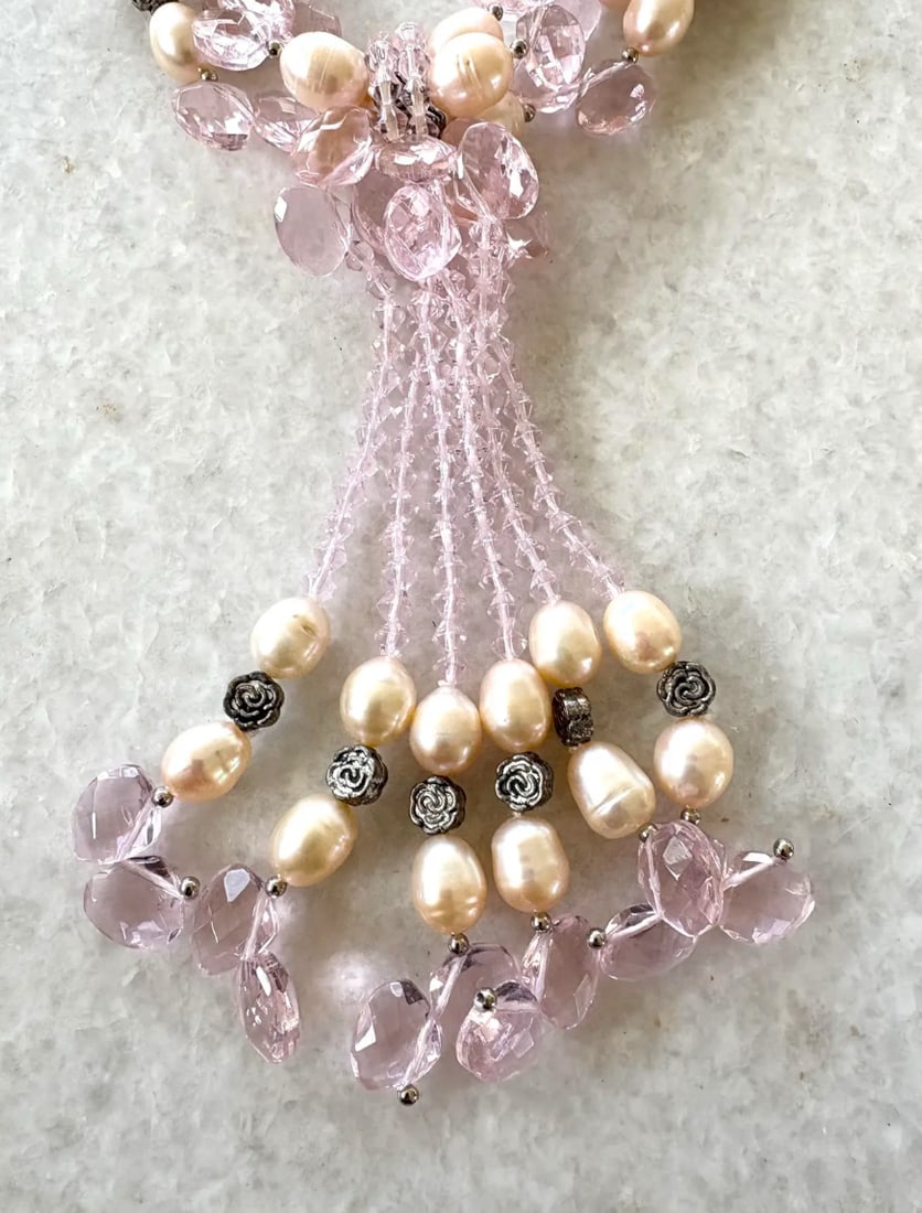 1980s Freshwater Pearl and Pink Crystal Beaded Necklace With Silver Accents- 20" - 3