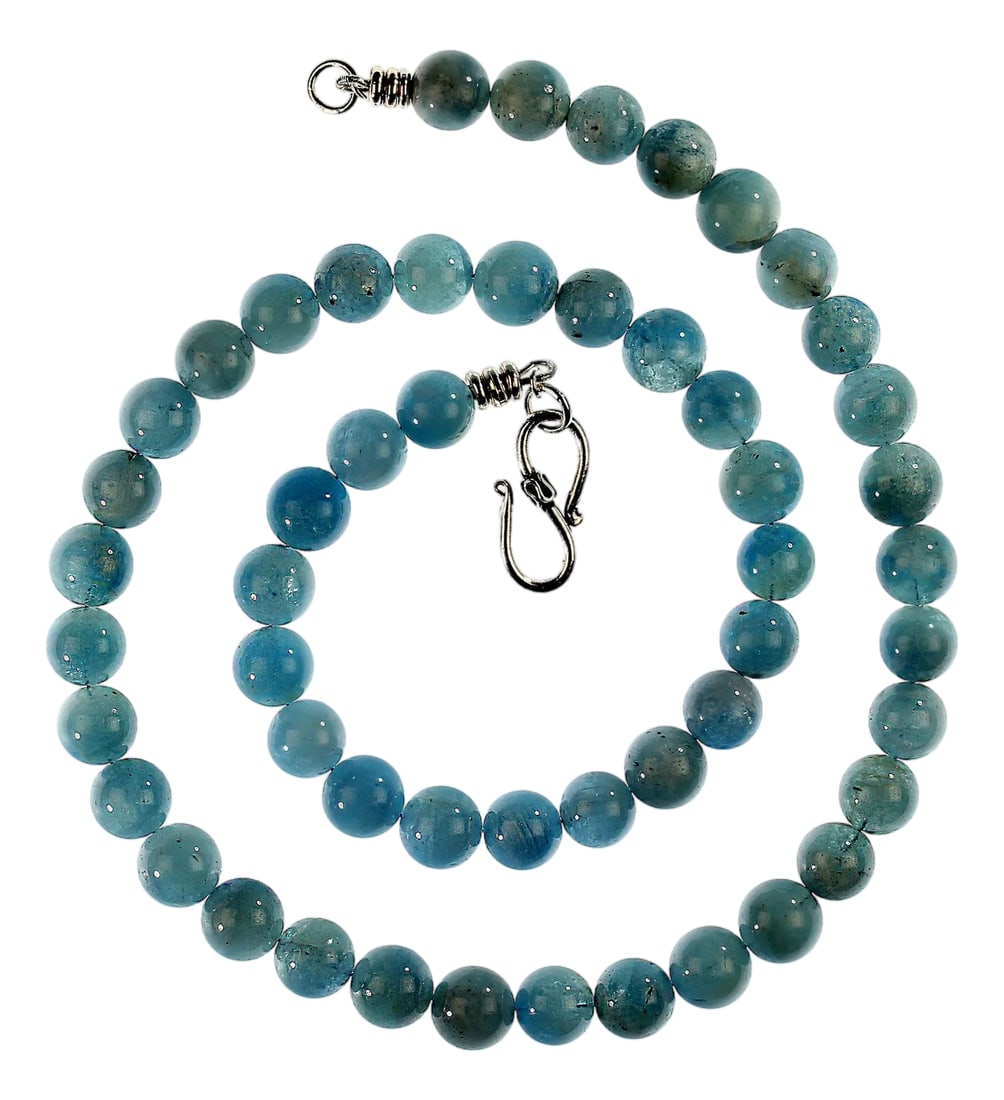 Ajd 22 Inch Medium Blue Translucent Aquamarine Necklace: This necklace features beautifully translucent aquamarine gemstones, each one polished to a radiant, glass"‘smooth finish that catches the light with every movement. The medium"‘blue tone