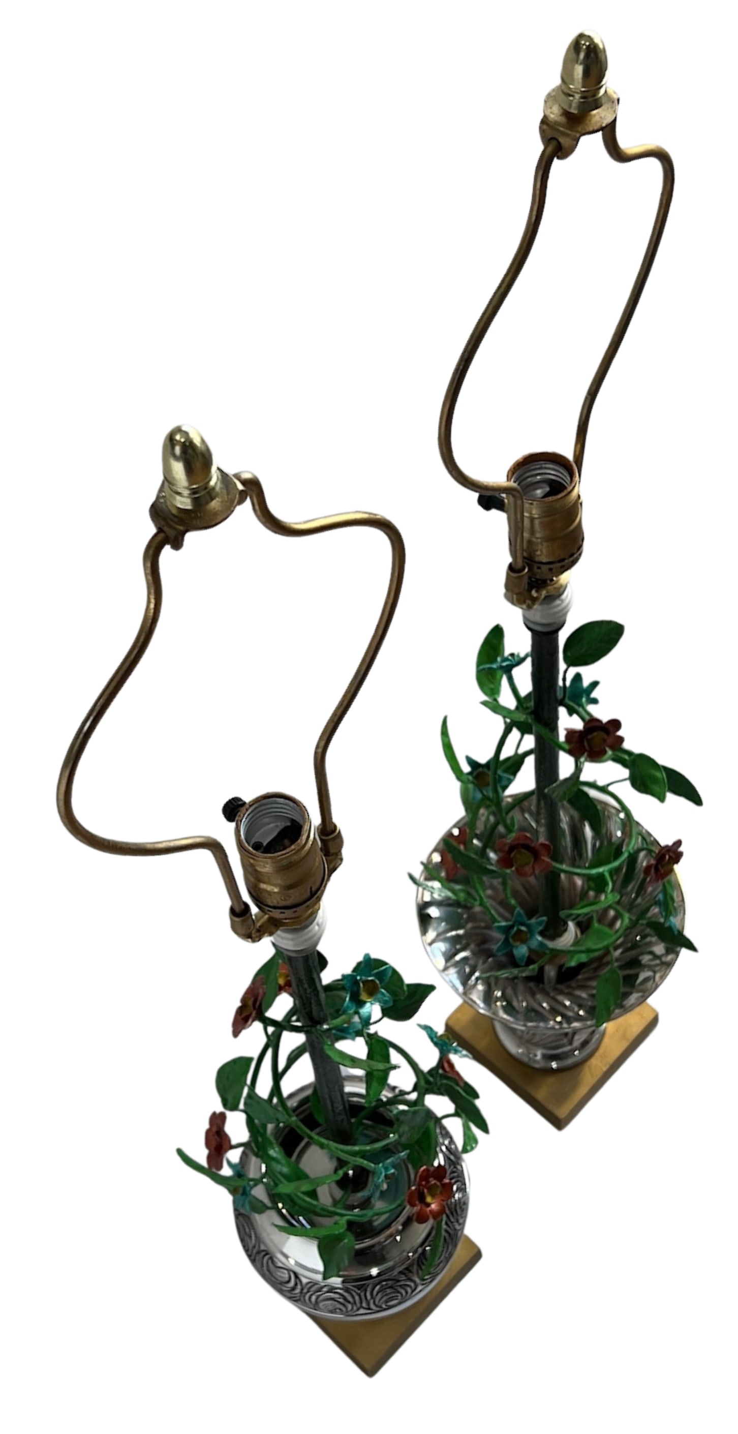 Vintage Tole Floral Topiary Silver Plate Cache Pot Table Lamp - A Pair - 10