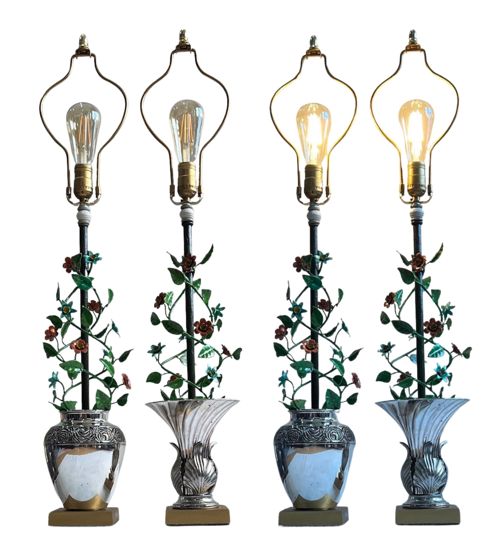 Vintage Tole Floral Topiary Silver Plate Cache Pot Table Lamp - A Pair - 12