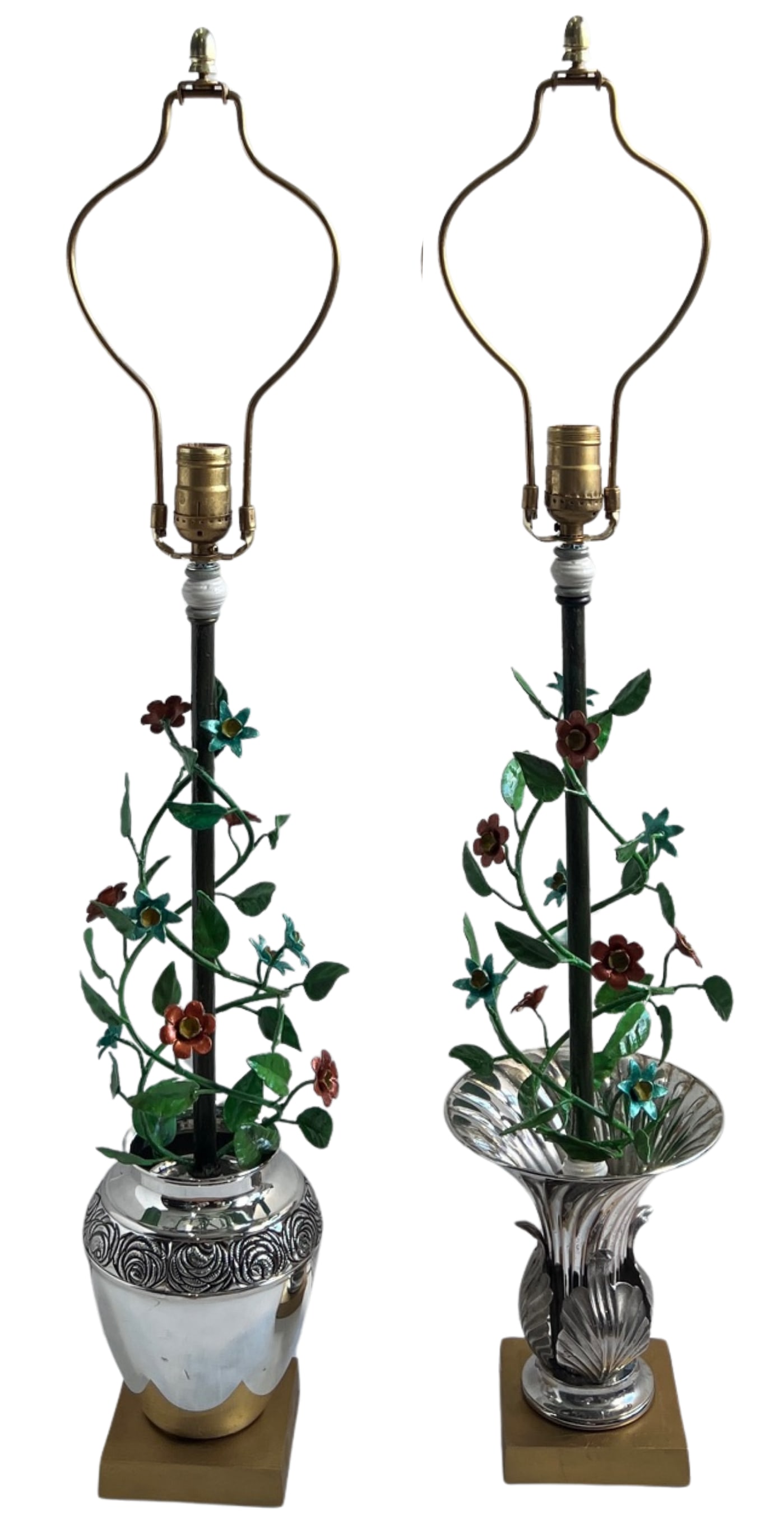 Vintage Tole Floral Topiary Silver Plate Cache Pot Table Lamp - A Pair - 16