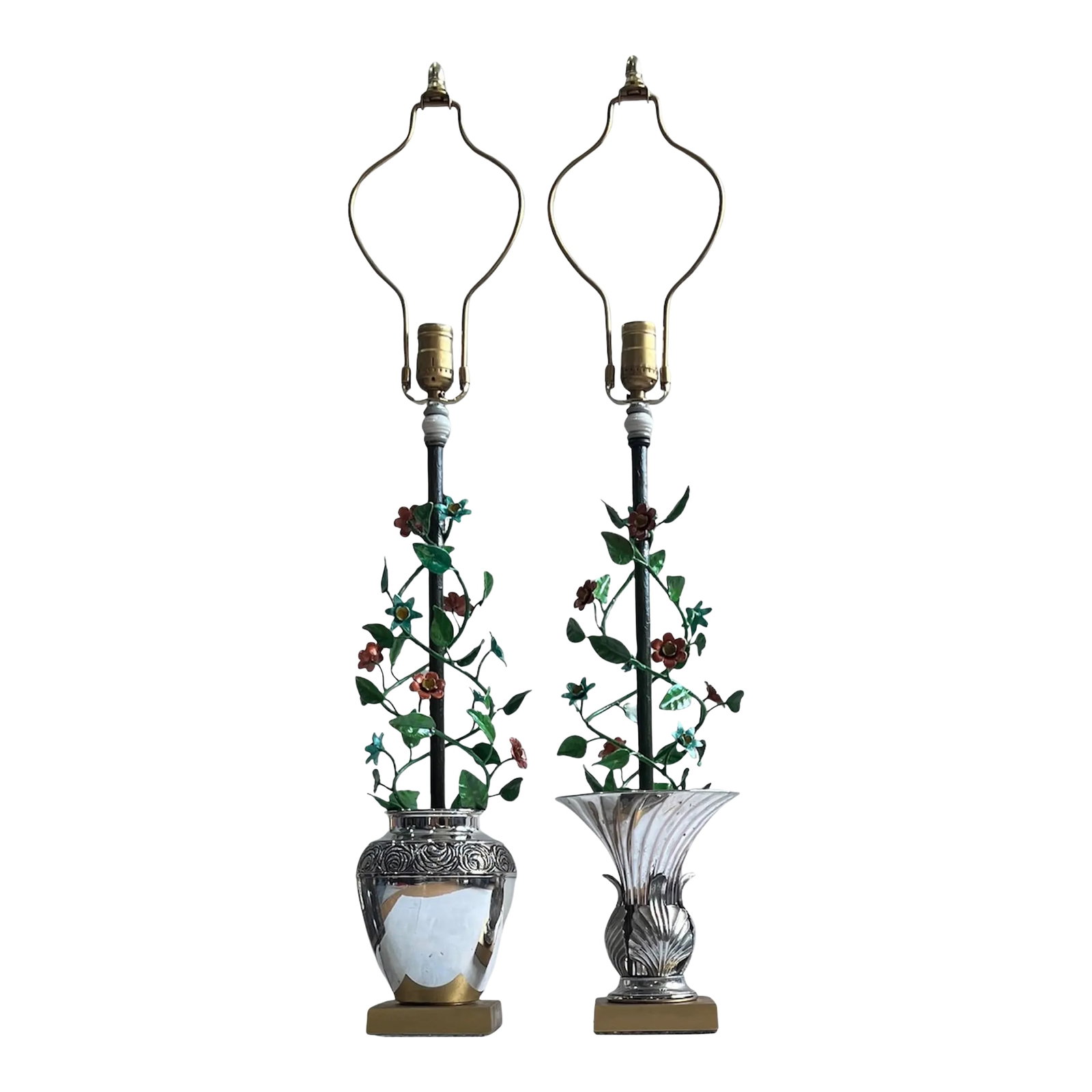Vintage Tole Floral Topiary Silver Plate Cache Pot Table Lamp - A Pair: This one-of-a-kind pair of table lamps is a striking fusion of midcentury Italian artistry and vintage American and Italian silverwork. One lamp is crafted from a silver-plated vase by the