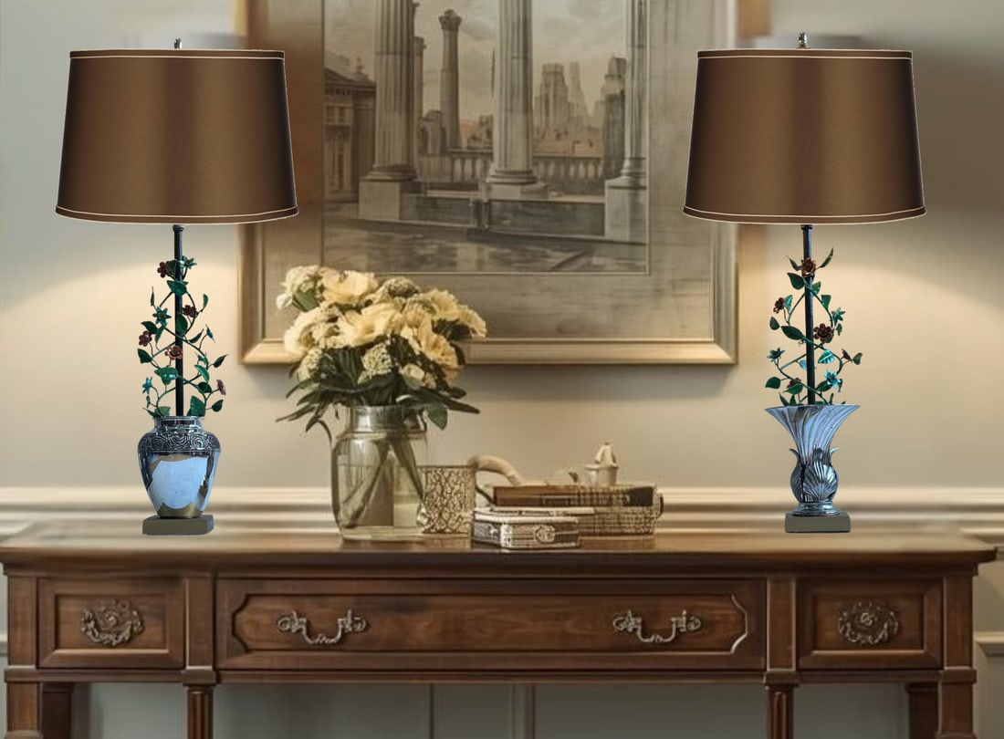 Vintage Tole Floral Topiary Silver Plate Cache Pot Table Lamp - A Pair - 4