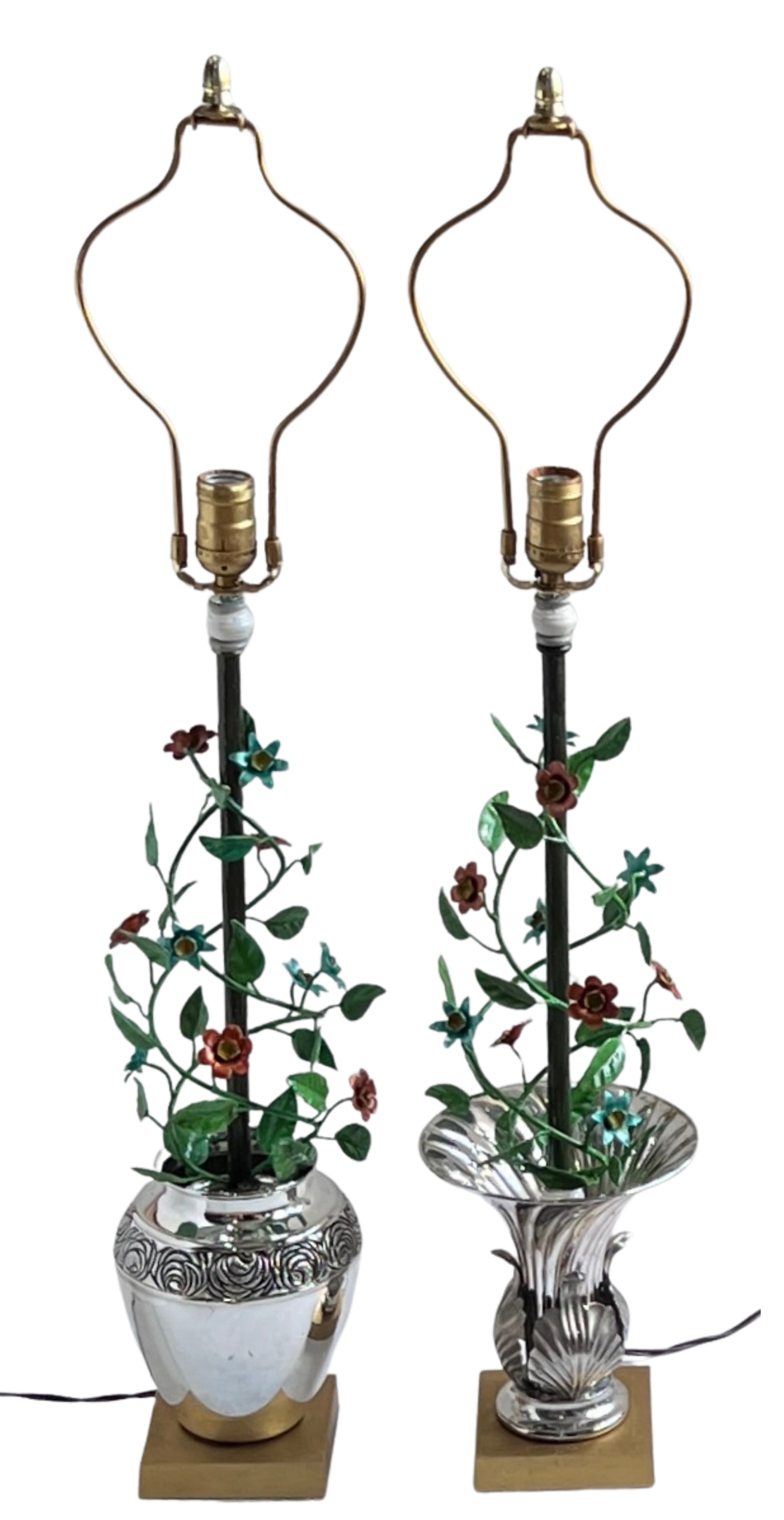 Vintage Tole Floral Topiary Silver Plate Cache Pot Table Lamp - A Pair - 7