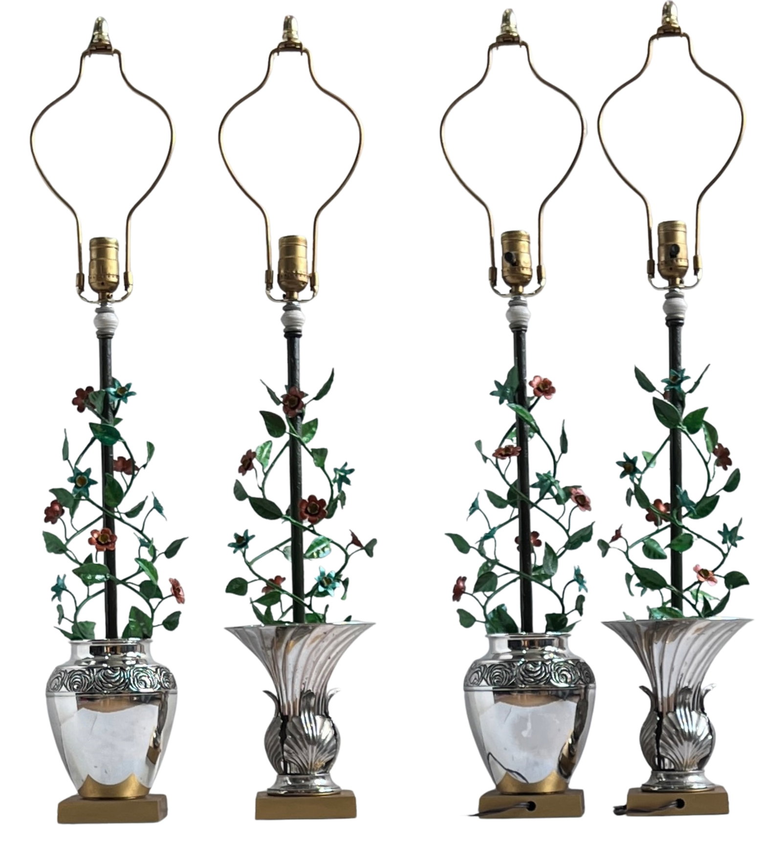 Vintage Tole Floral Topiary Silver Plate Cache Pot Table Lamp - A Pair - 8