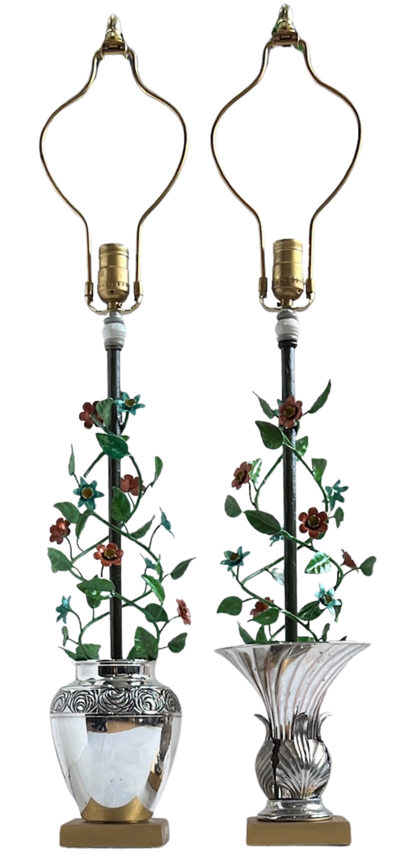 Vintage Tole Floral Topiary Silver Plate Cache Pot Table Lamp - A Pair - 9