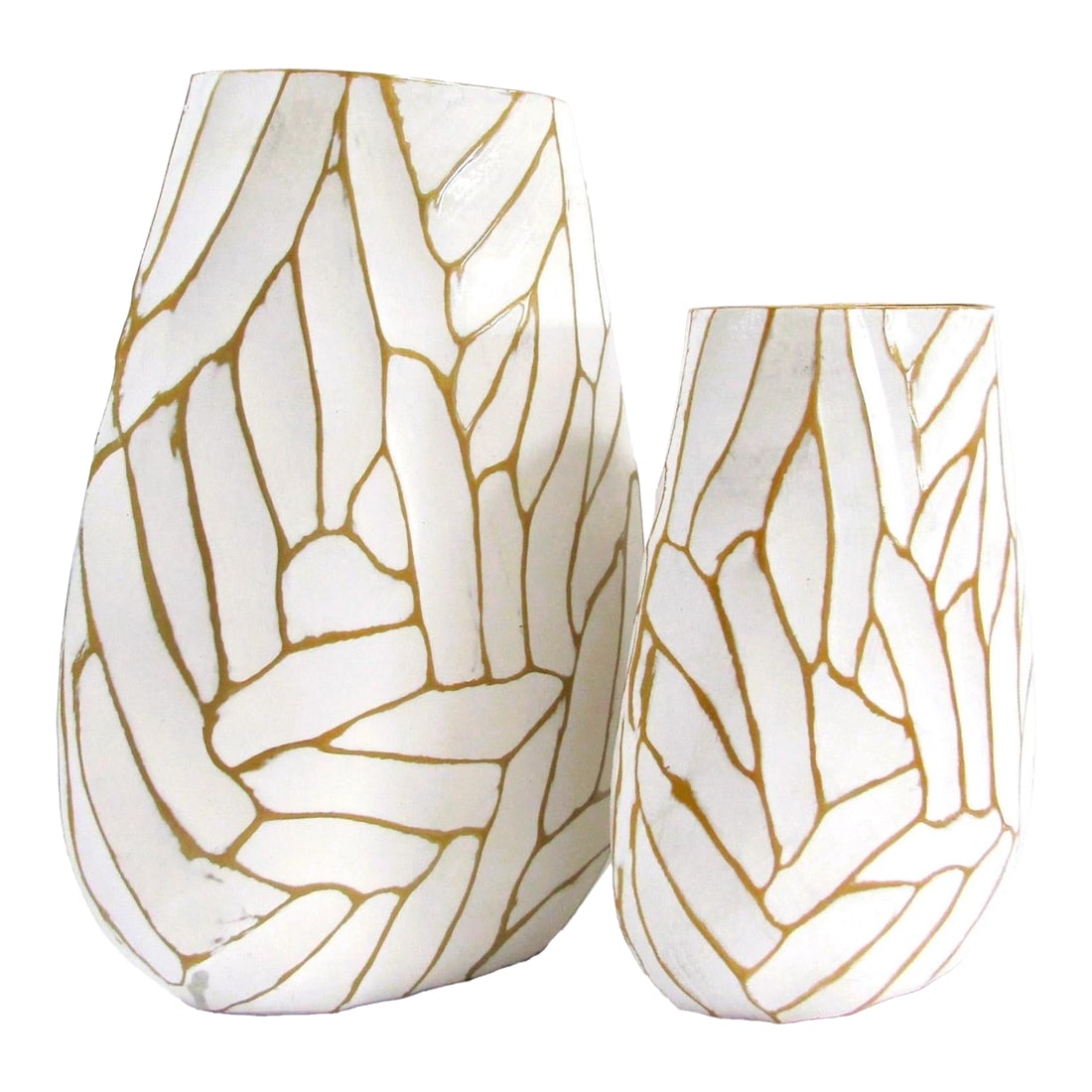 Pair of Currey & Company Cast Aluminum Anika White With Gold Accent Vases: The Pair of Currey & Company Anika White with Gold Accent Vases is a stylish addition to any modern home decor. Made of durable cast aluminum, these abstract patterned vases feature a sleek white
