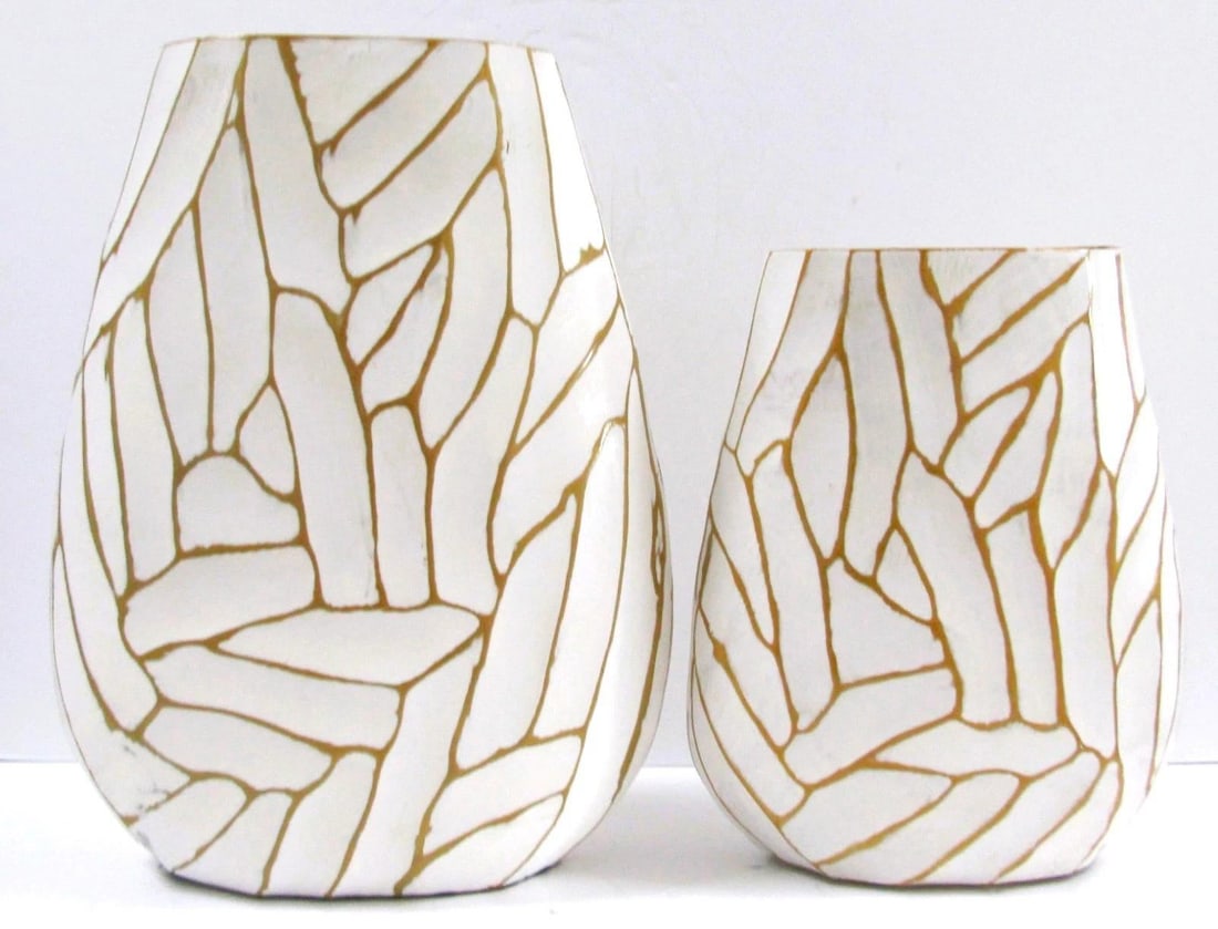 Pair of Currey & Company Cast Aluminum Anika White With Gold Accent Vases - 2