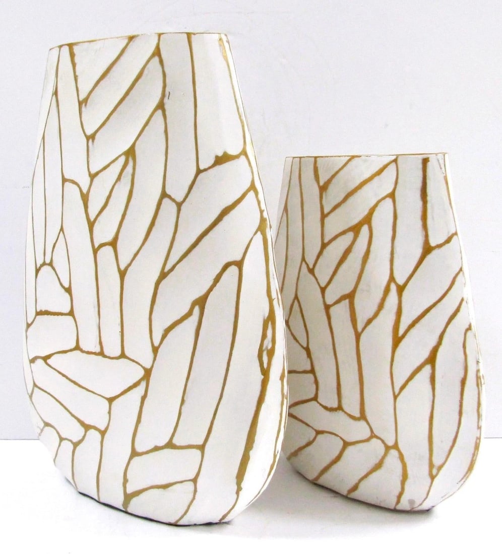 Pair of Currey & Company Cast Aluminum Anika White With Gold Accent Vases - 3