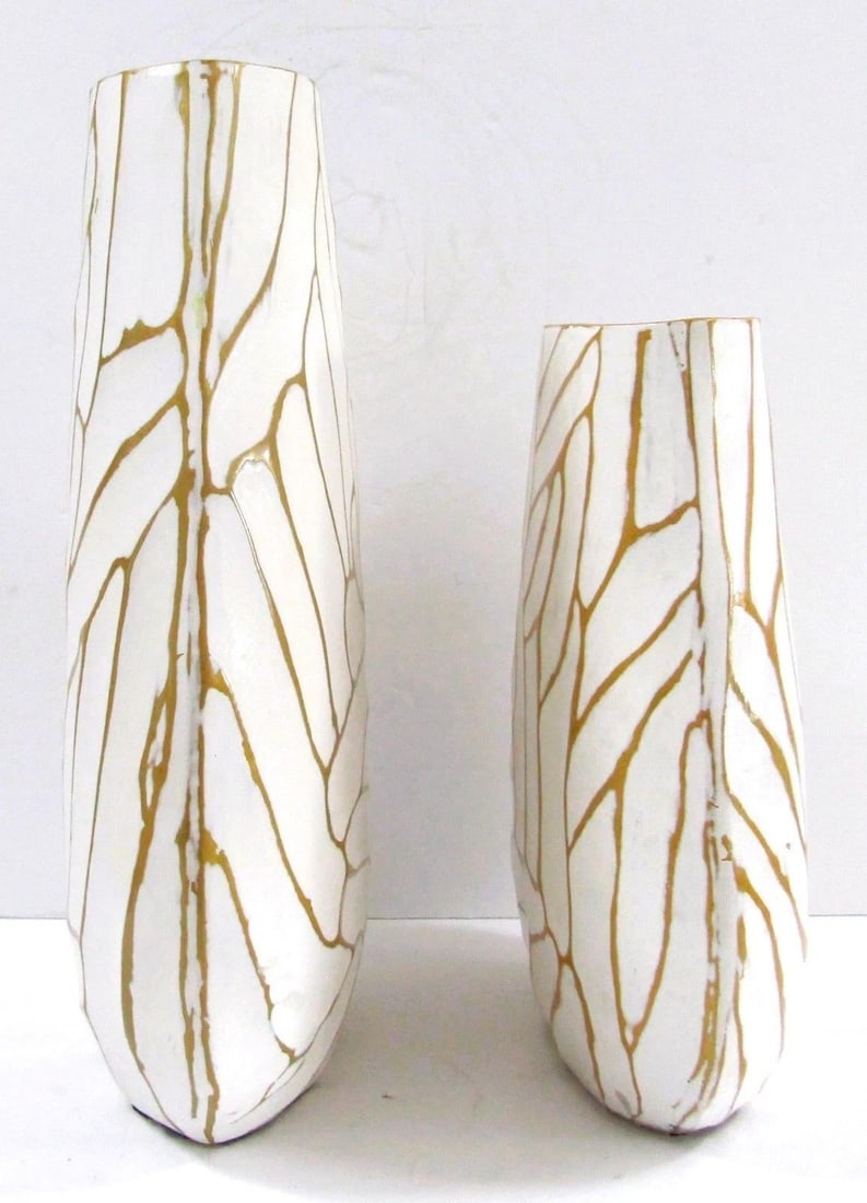 Pair of Currey & Company Cast Aluminum Anika White With Gold Accent Vases - 4