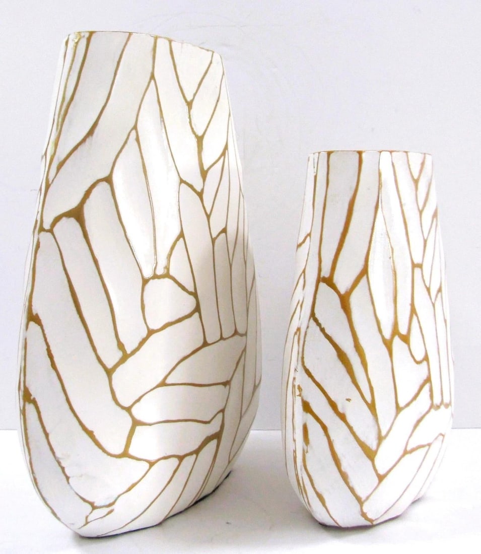 Pair of Currey & Company Cast Aluminum Anika White With Gold Accent Vases - 5
