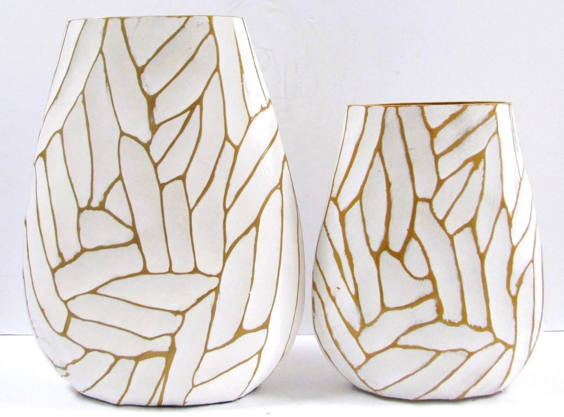 Pair of Currey & Company Cast Aluminum Anika White With Gold Accent Vases - 6