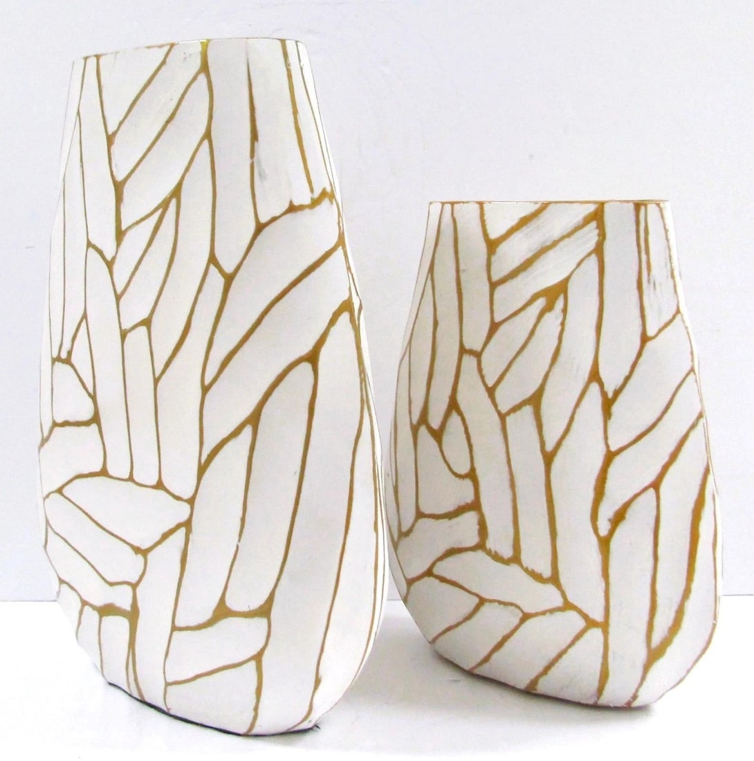 Pair of Currey & Company Cast Aluminum Anika White With Gold Accent Vases - 7