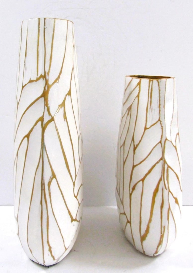 Pair of Currey & Company Cast Aluminum Anika White With Gold Accent Vases - 8